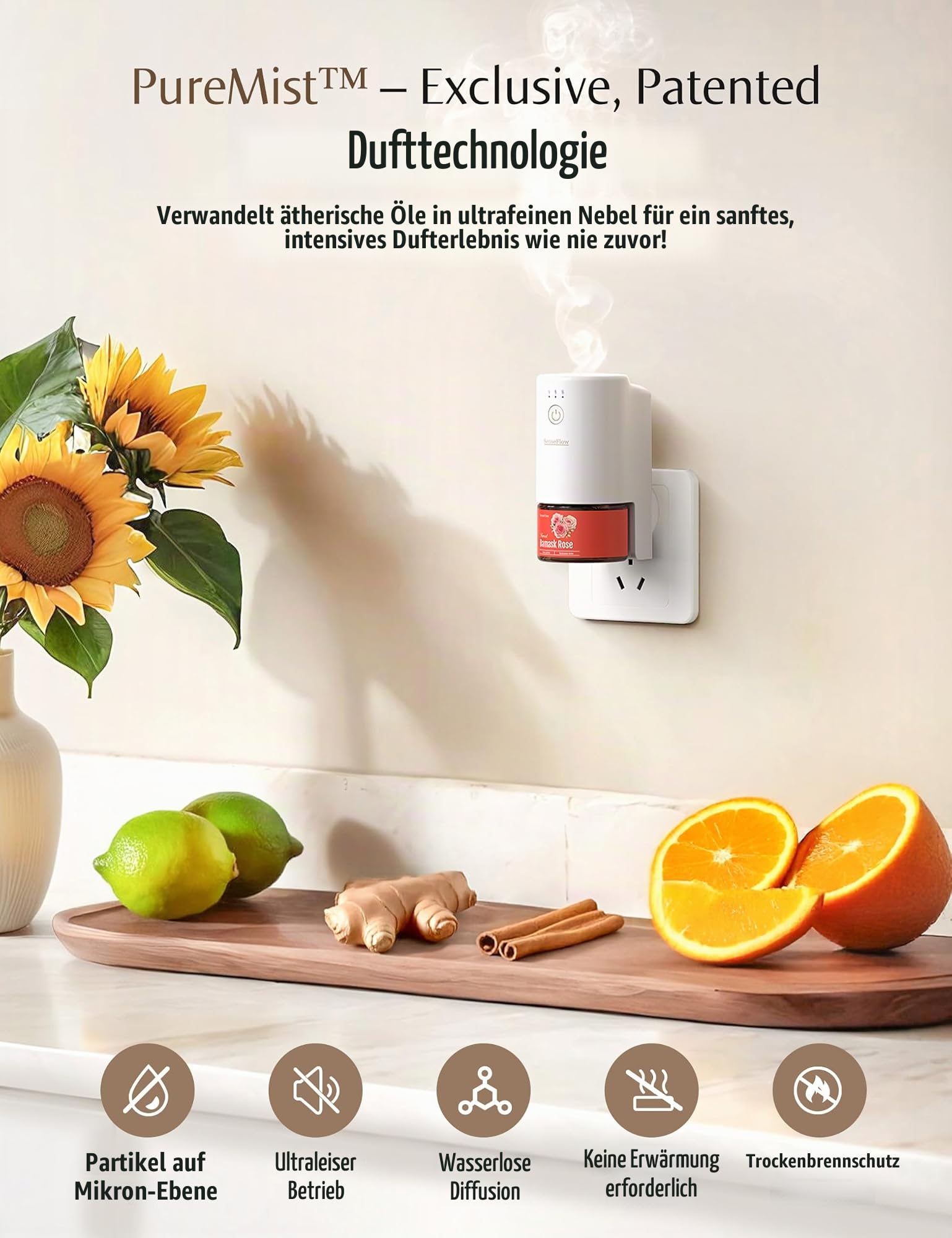 Aroma Diffuser für Ätherische Öle WiFi SF101S, Wasserloser Ultraschall Duftstecker Raumduft, 100% pflanzlich Lufterfrischer, 120-Tage Aroma für Zuhause 100 m² - Schwarze Zeder & Wacholder