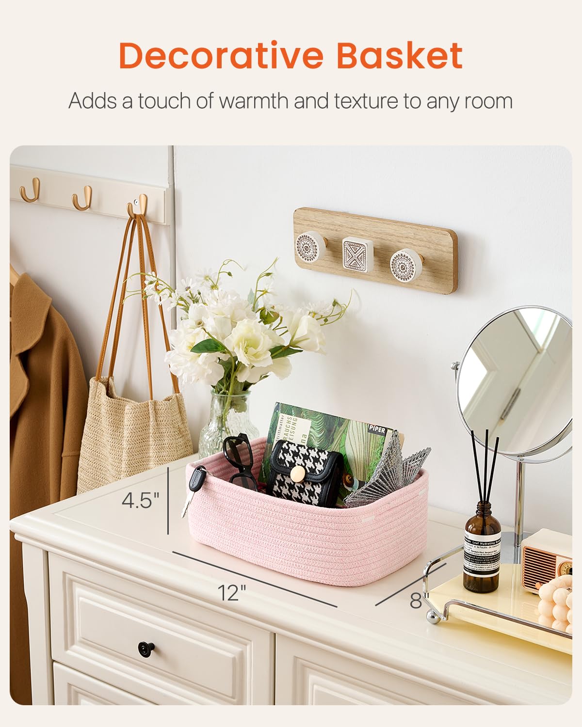 KALLAX Small Woven Basket, 12 x 8 x 4.5 Inches, Storage Basket for Organizing, Cute Small Rope Shelf Closet Cube Storage Bins Baskets for Shelves, Dog Toy Gift Baskets Empty, 3 Pack Light Pink