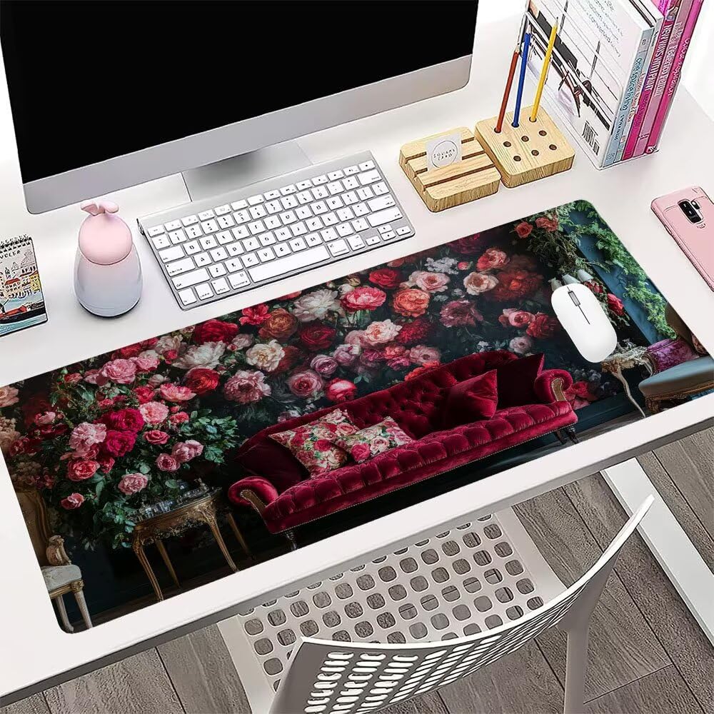 Czerwona podkładka pod mysz XXL akcesoria do gier podkładka na biurko duża podkładka pod mysz i klawiaturę kwiat akcesoria PC 1400 x 600 x 3 mm mata biurkowa biurkowa, z wodoodporną i antypoślizgową