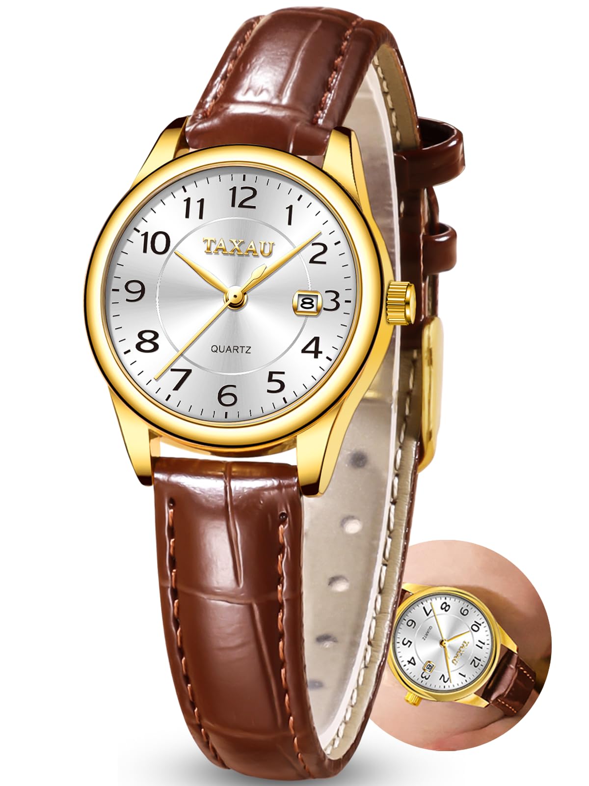 Taxau Damenuhr Lederarmband Analog Quarz–Elegante Armbanduhr Damen mit Datumsanzeige, Kleine 28mm Damen Uhr, 3Bar Wasserdicht,Klassisches Design Geschenke für Frauen
