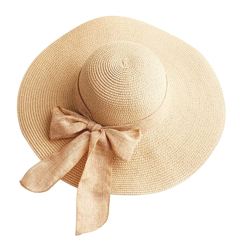 GenericWomen Sun Hat Big Bowknot Summer Straw Wide Brim Floppy Foldable Solid Hat UV Protection Beach Cap