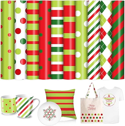 AnyDesign - 10 hojas de transferencia de vinilo térmico de Navidad de 12 x 10 pulgadas, patrón de rayas verdes y rojas, patrón de puntos HTV para