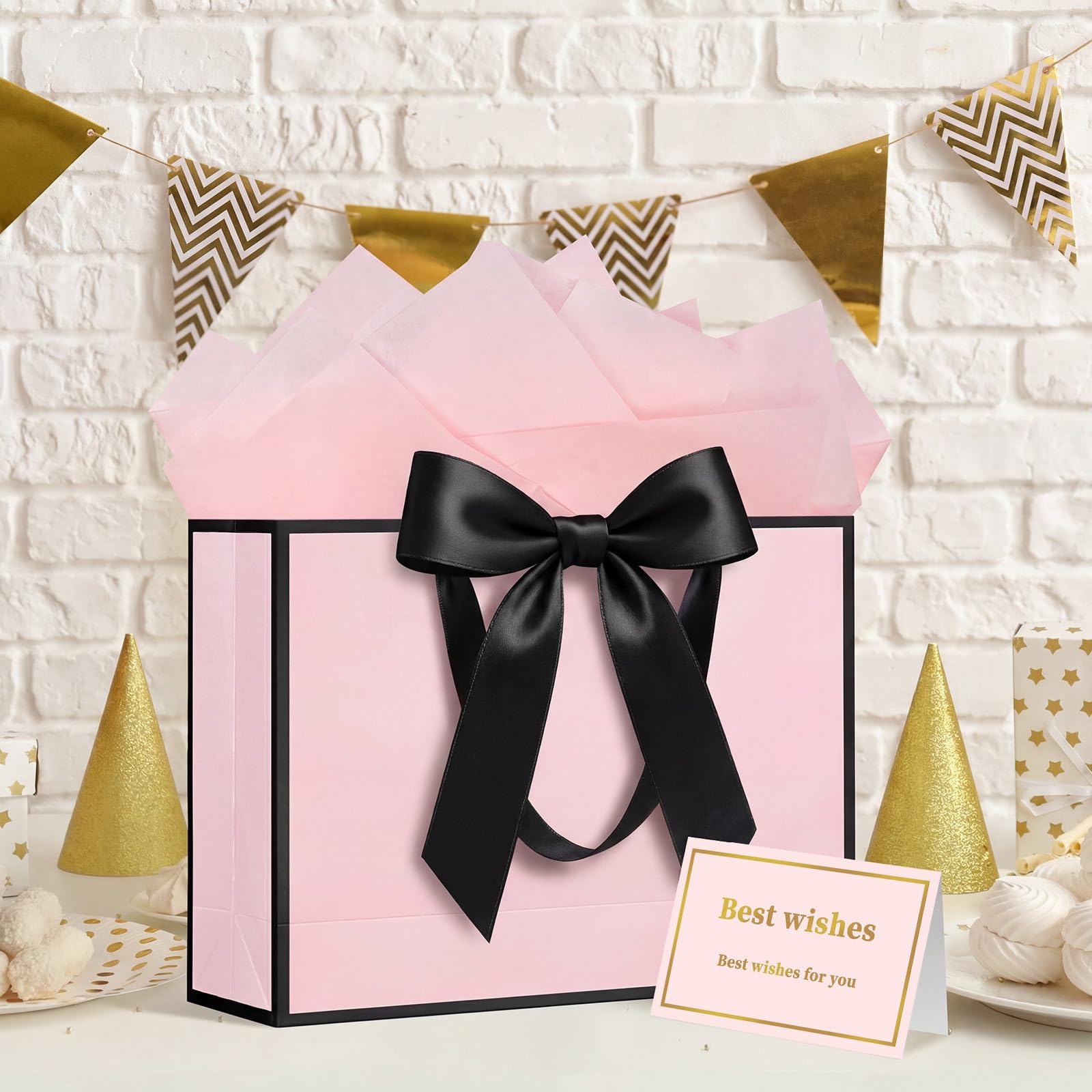 Laidans 13" Gift Bag with Handles and Bow Ribbon, Large Gift Bag with 3 Tissue Paper and 1 Card for Birthdays, Baby Showers, Wedding, Bridal Showers, Mother's Day (Light Pink)