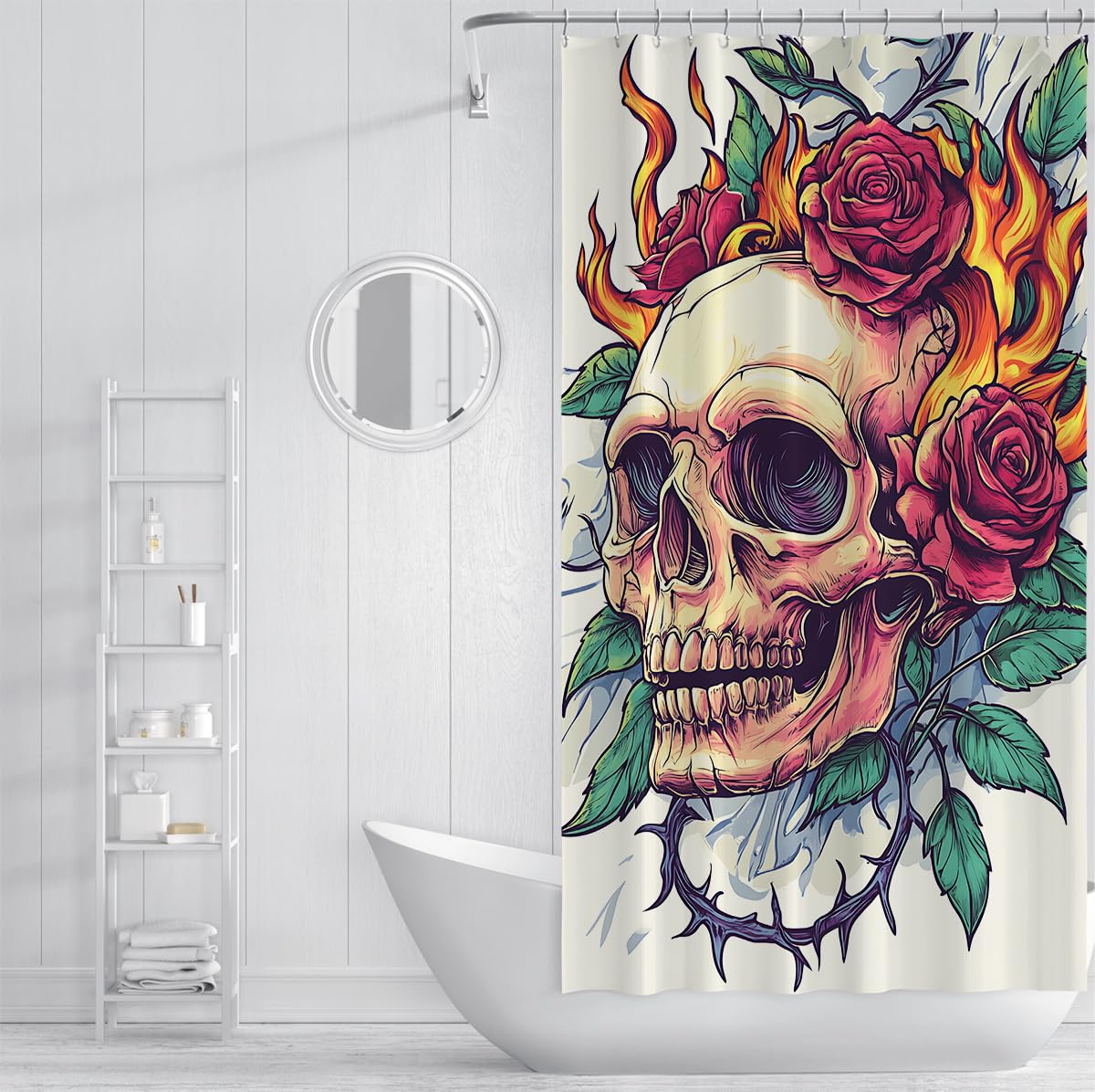 Gothic Skull Duschvorhang Red Rose Thorns White Badezimmer Deko 200x220cm
