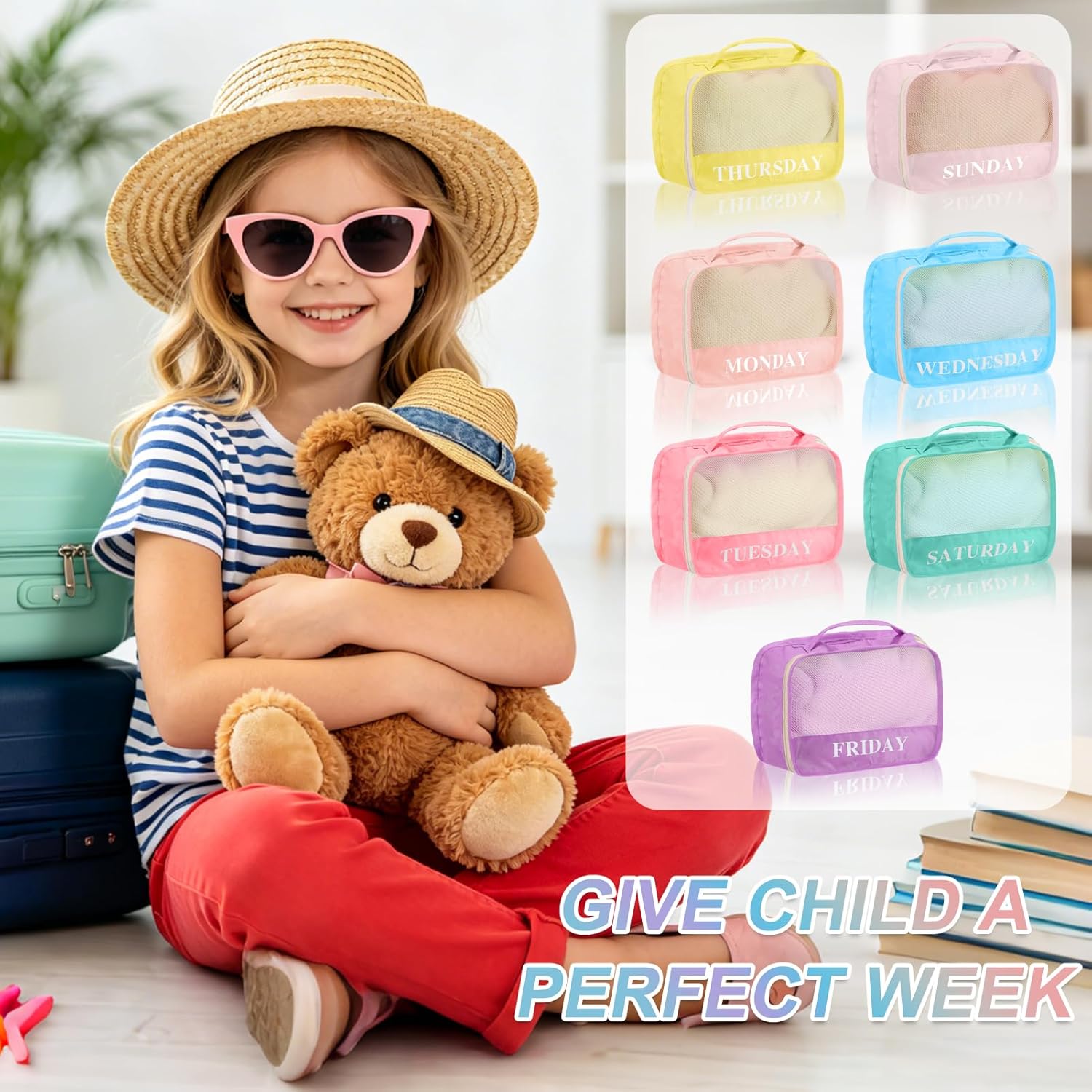 15 Pcs Days of the Week Packing Cubes, Colorful Weekly Kids Clothes Organizer, Lightweight Mesh Luggage Packing Cubes for Suitcase, Travel, Summer Camp, Family Vacation Accessories