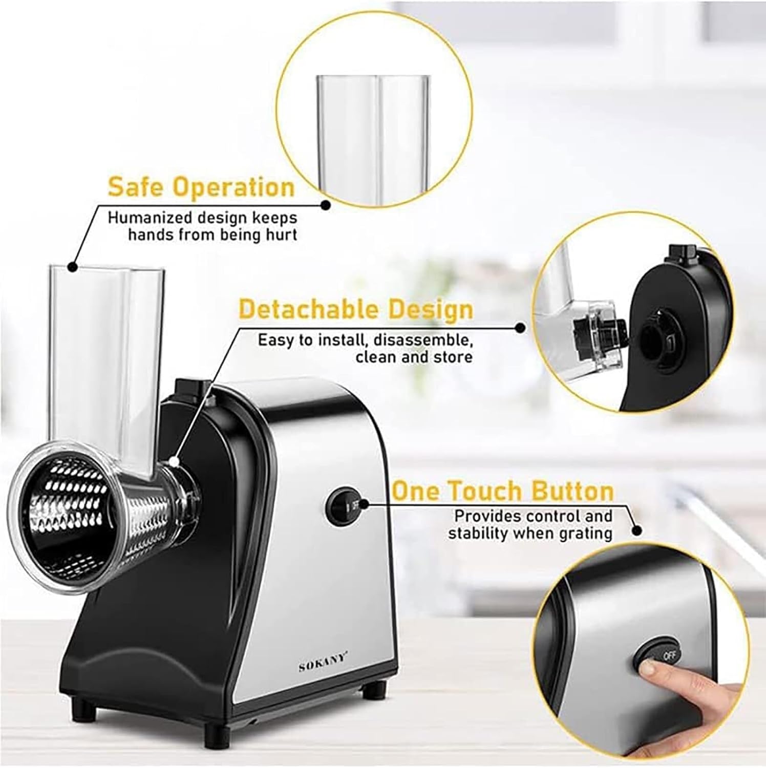 Electric Grater, 1000W Professional Vegetable Cutter, 5 Interchangeable Stainless Steel Blades, Easy To Operate, for Shredding and Grating Hard Cheese, Chocolate, Nuts