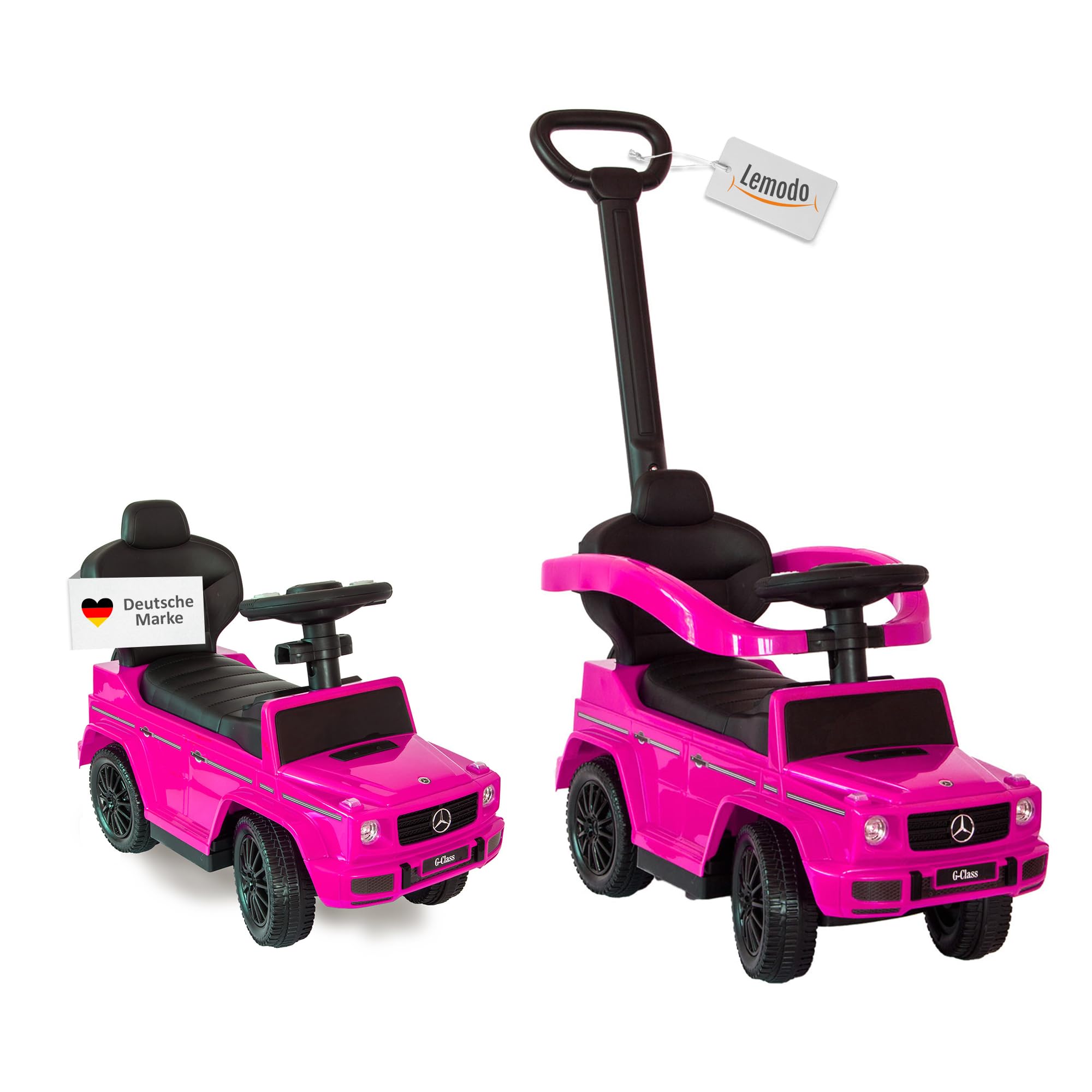 Rutschauto mit Schiebstange ab 1 Jahr | Rutschfahrzeug mit Sicherheitsbügel | Schiebeauto Mercedes in pink | Lenkung via Stange möglich | Staufach | Fußablage | Sound
