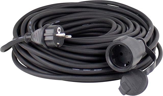 as - Schwabe Gummi-Verlängerungsleitung, 10m H05RR-F 3G1,5 Kabel mit Schutzkontaktstecker und Schutzkontaktkupplung inkl. Schutzkappe, Verlängerungskabel 230V, 16A, IP44, Schwarz, 60310