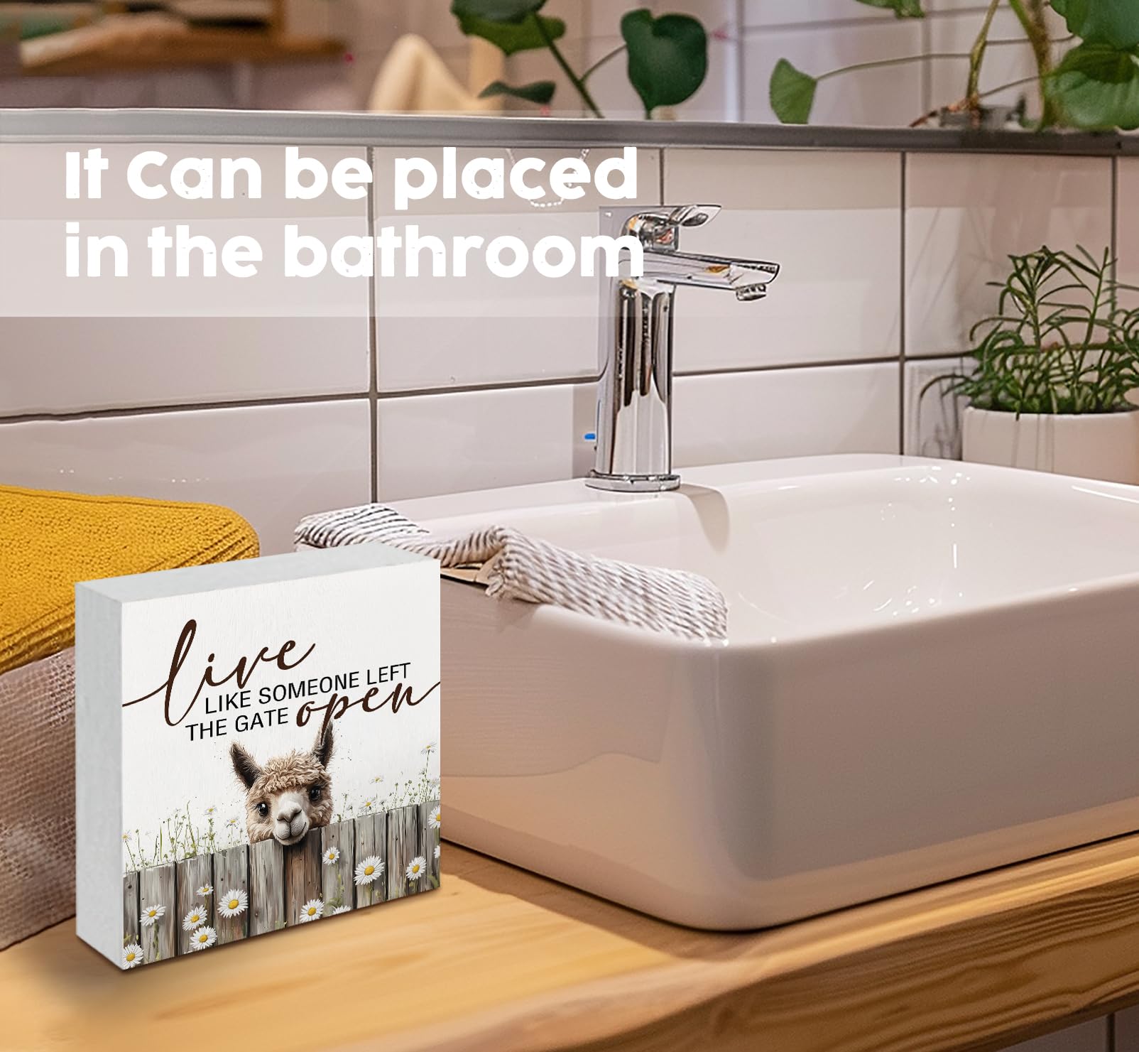 Letreros de madera de alpaca con texto en inglés "Live like Someone Left the Gate Open", decoración rústica para el hogar, regalos de alpaca para mujeres