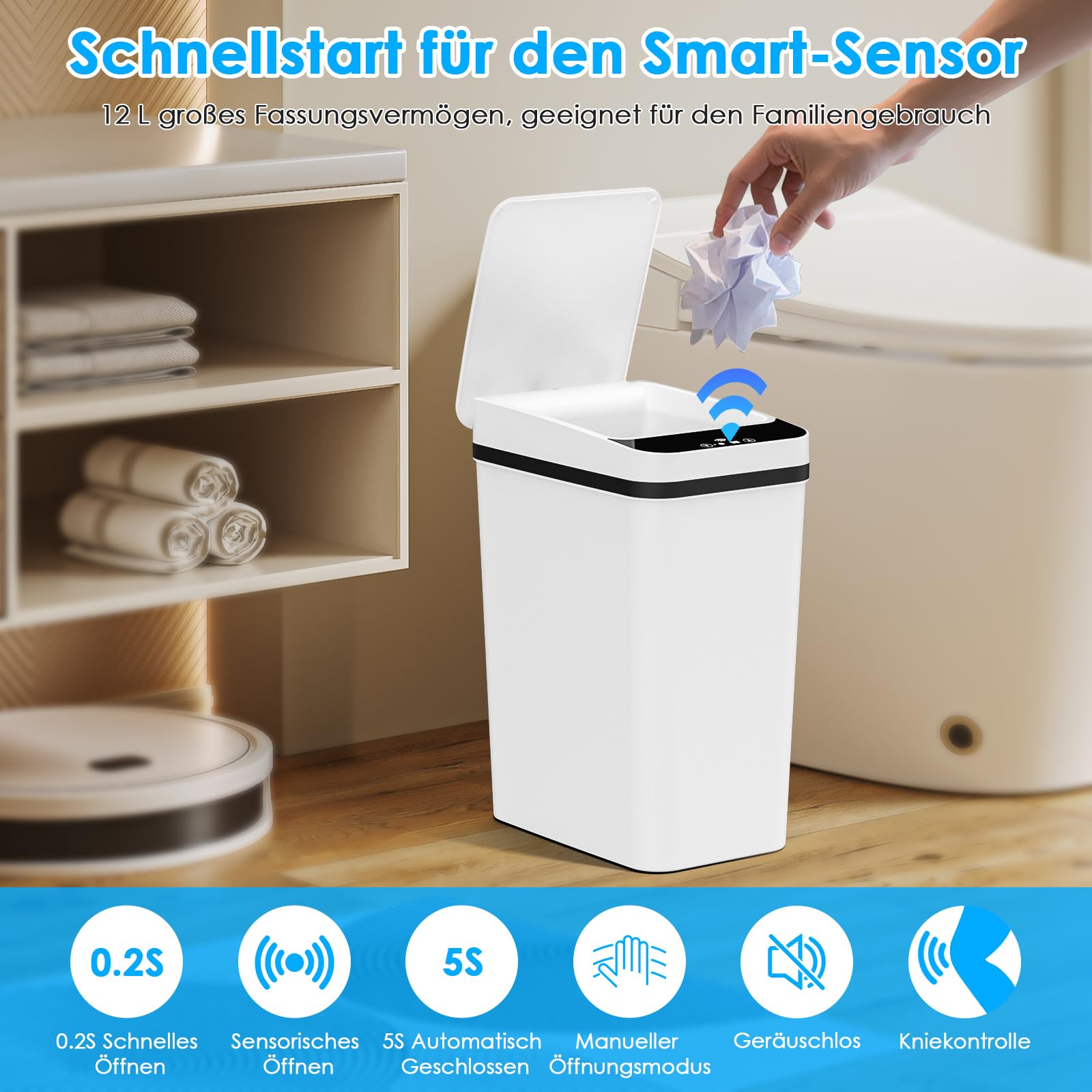 Dreamhigh 2er Set Mülleimer Mit Sensor, 12L Elektrischer Mülleimer Mit Automatischem Deckel, Smart Mülleimer Mit 3 Öffnungsmodi, Leise & Wasserdicht Für Küche, Bad, Büro, Wohnzimmer (Weiß)