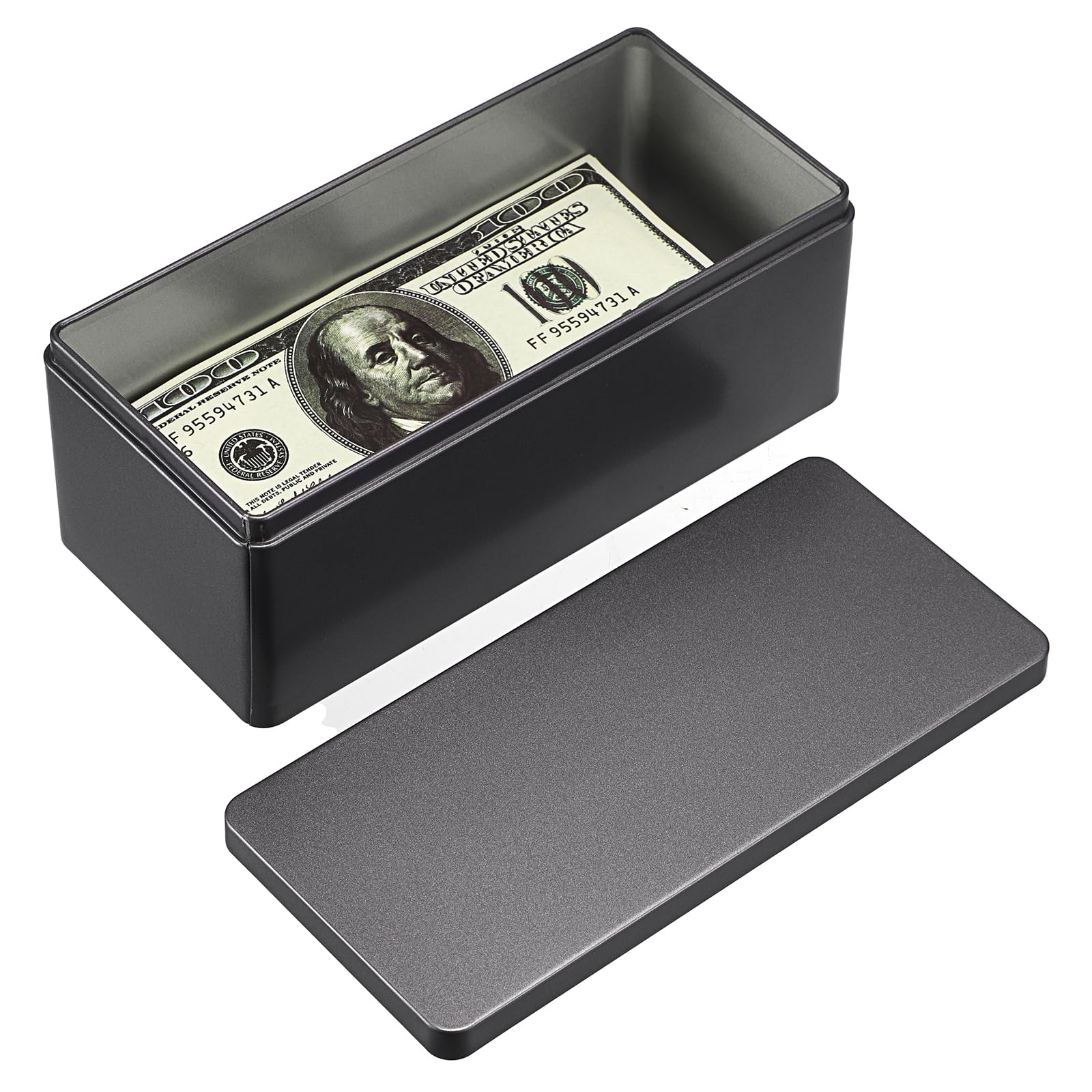 Hipiwe Metal Cash Box Black Money Holder Rectangular Cash Tin Box with Lid Empty Currency Storage Container for Coin Bill Dollar Stamp Jewelry