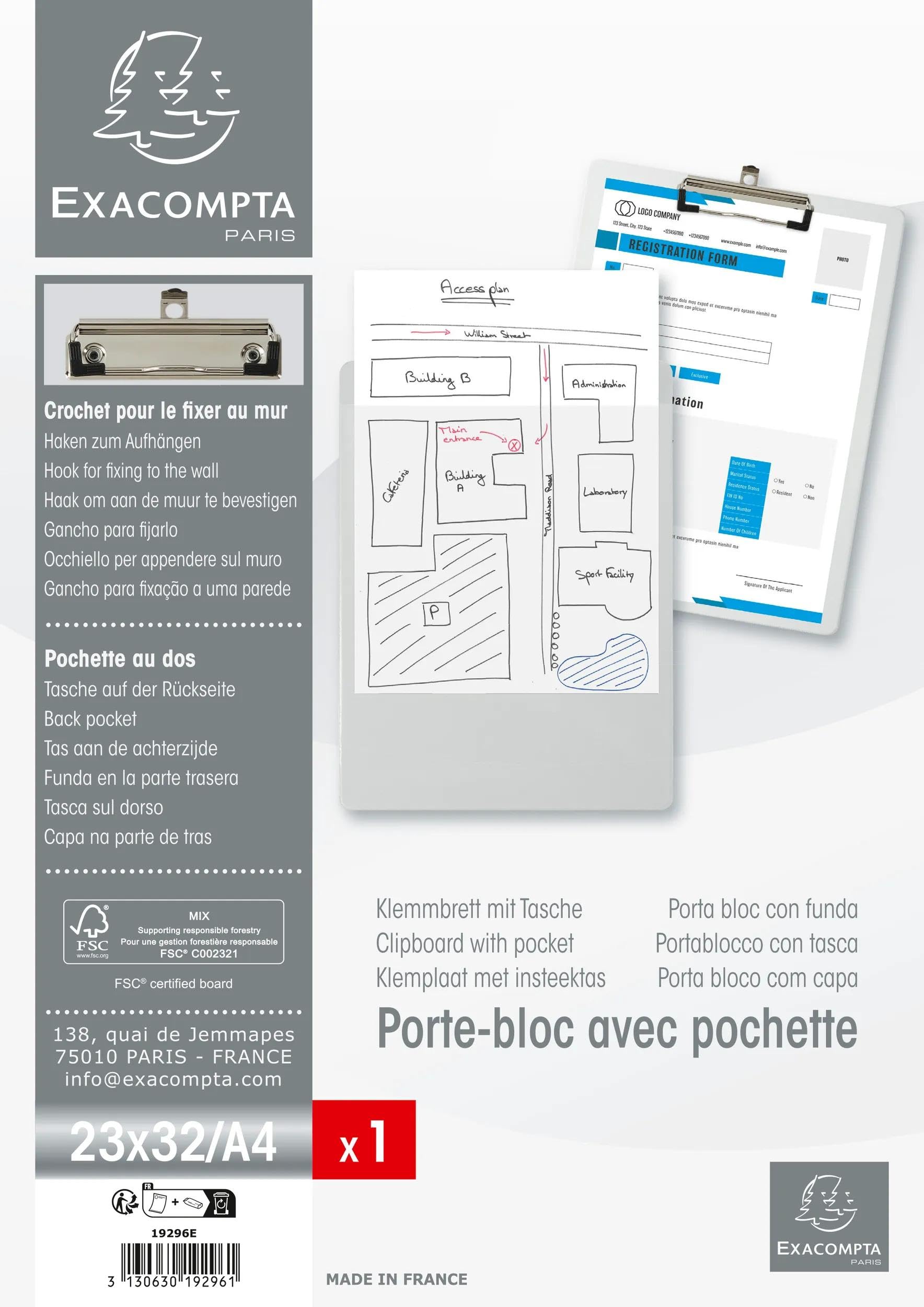 Exacompta - Réf. 19296E - Carton de 10 porte-blocs à pince avec pochette plastique sur le dos - Système d'accroche mural - Dimensions : 23 cm x 32 cm pour document format A4 - Blanc