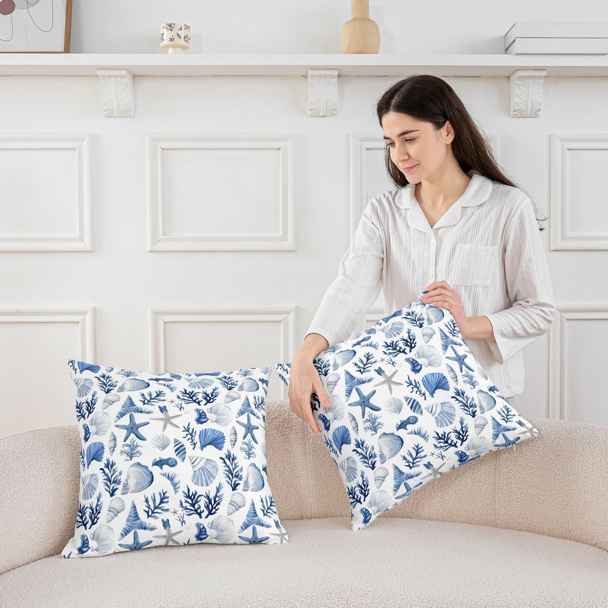 Erosebridal Shell Pack of 4 Throw Pillow Covers 16x16 Inch Starfish Cushion Covers for Kids Boys Men Coral Sea Ocean Marine Beach Holiday Conch Cushion Cases Blue White Decorative Pillowcases