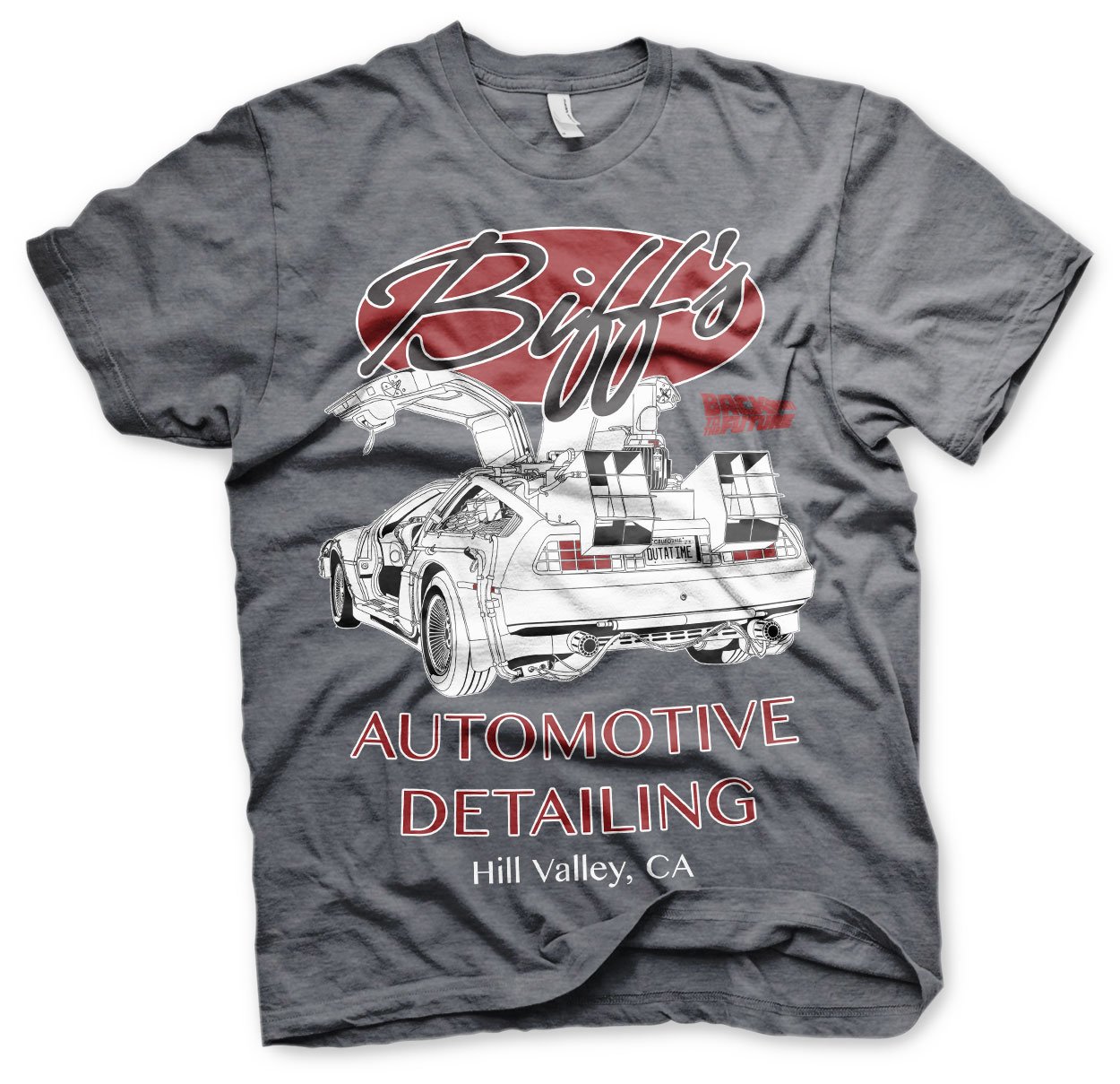 Back To The Future Men's Dark-Heather Officially Licensed Biff's Automotive Detailing T-Shirt (Dark Heather), Medium