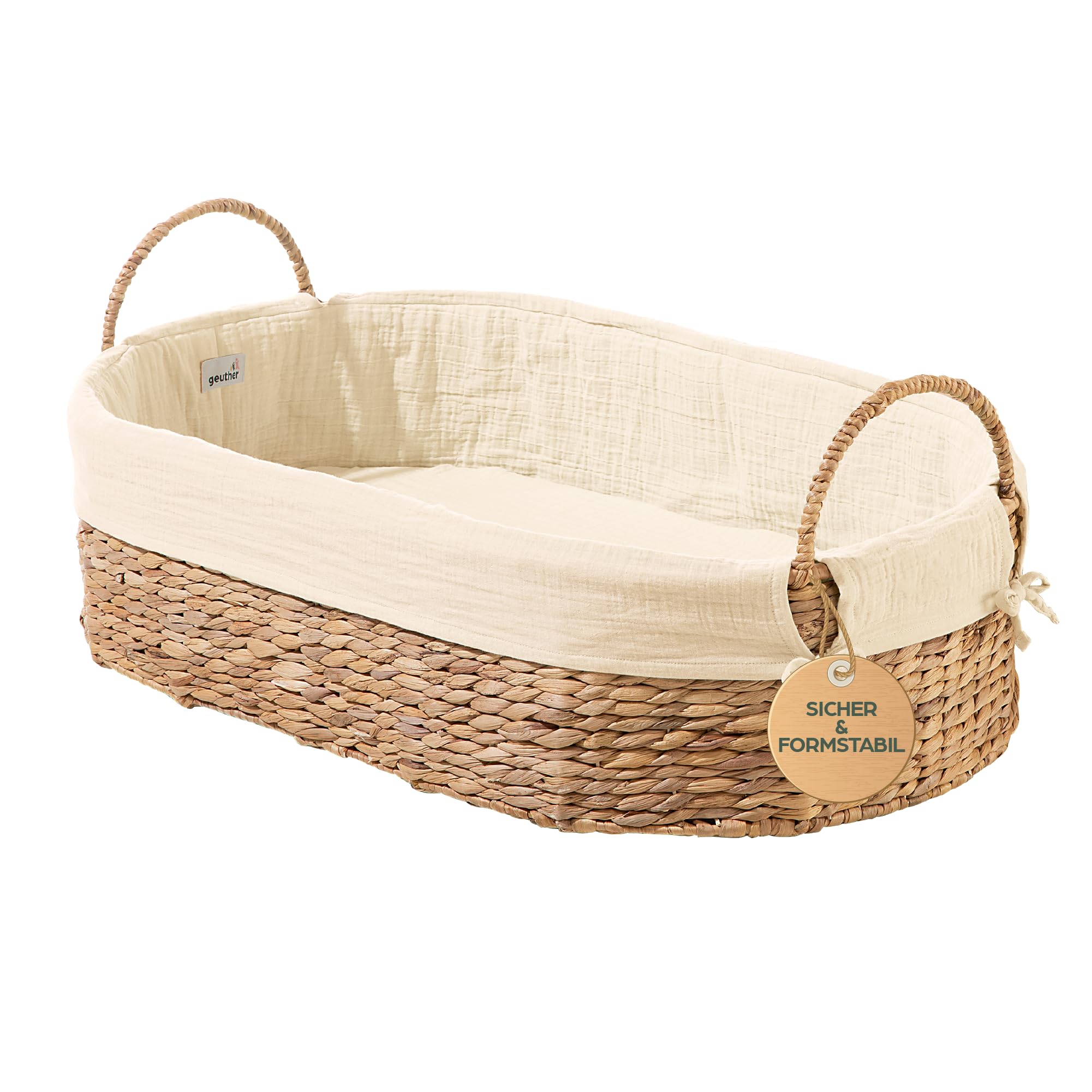 Geuther Moses Korb klein | Babynest mit Tragegriff | Babynestchen Neugeborene mit Matratze & Baumwollbezug | Mobiles Babybett | Nachhaltig & langlebig | Nestchen Baby | Moseskorb Baby in Beige