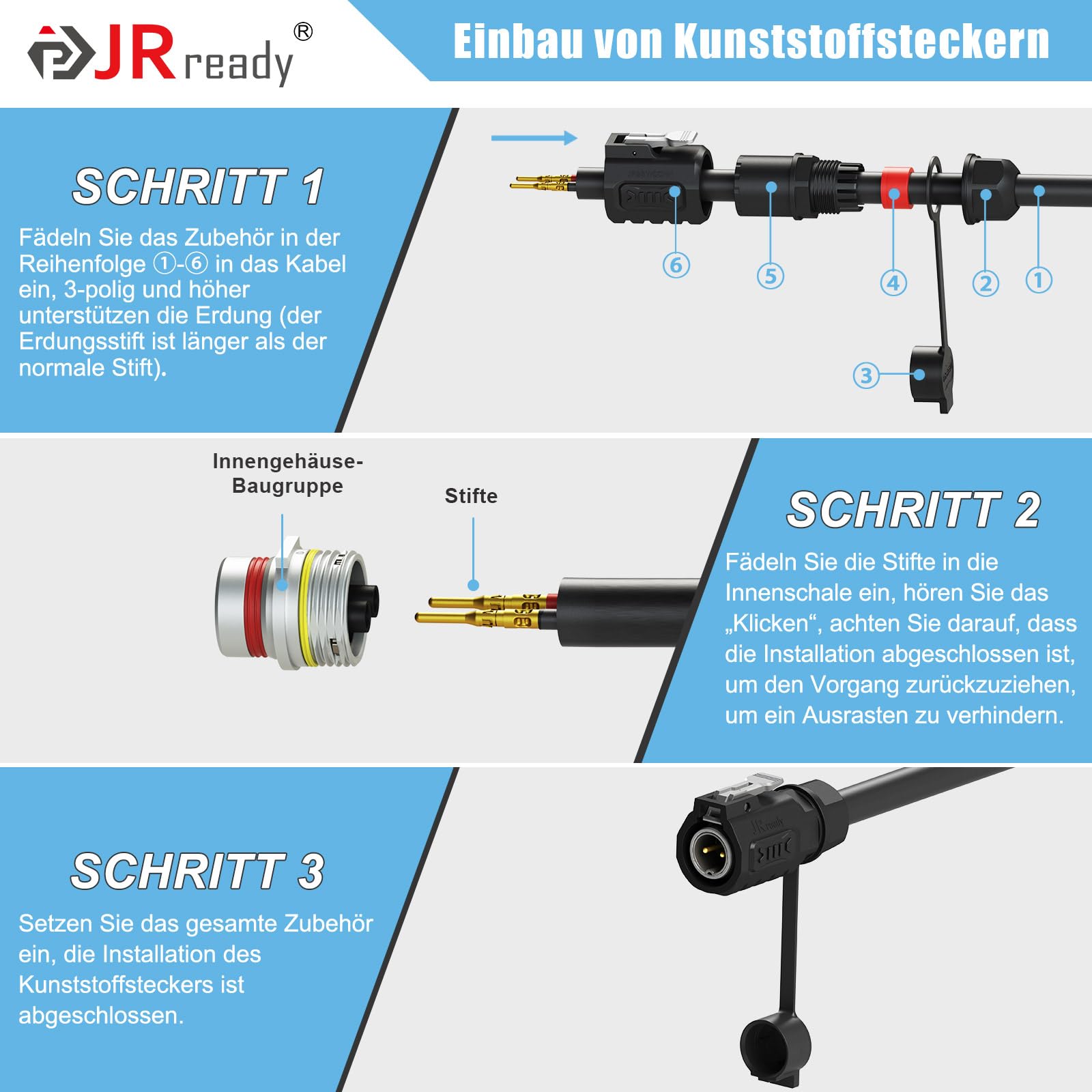 JRready JRSSWCONN23B02 Conector impermeable industrial de 3 pines, conector redondo IP68, conector rápido, conector eléctrico con juego de extractores