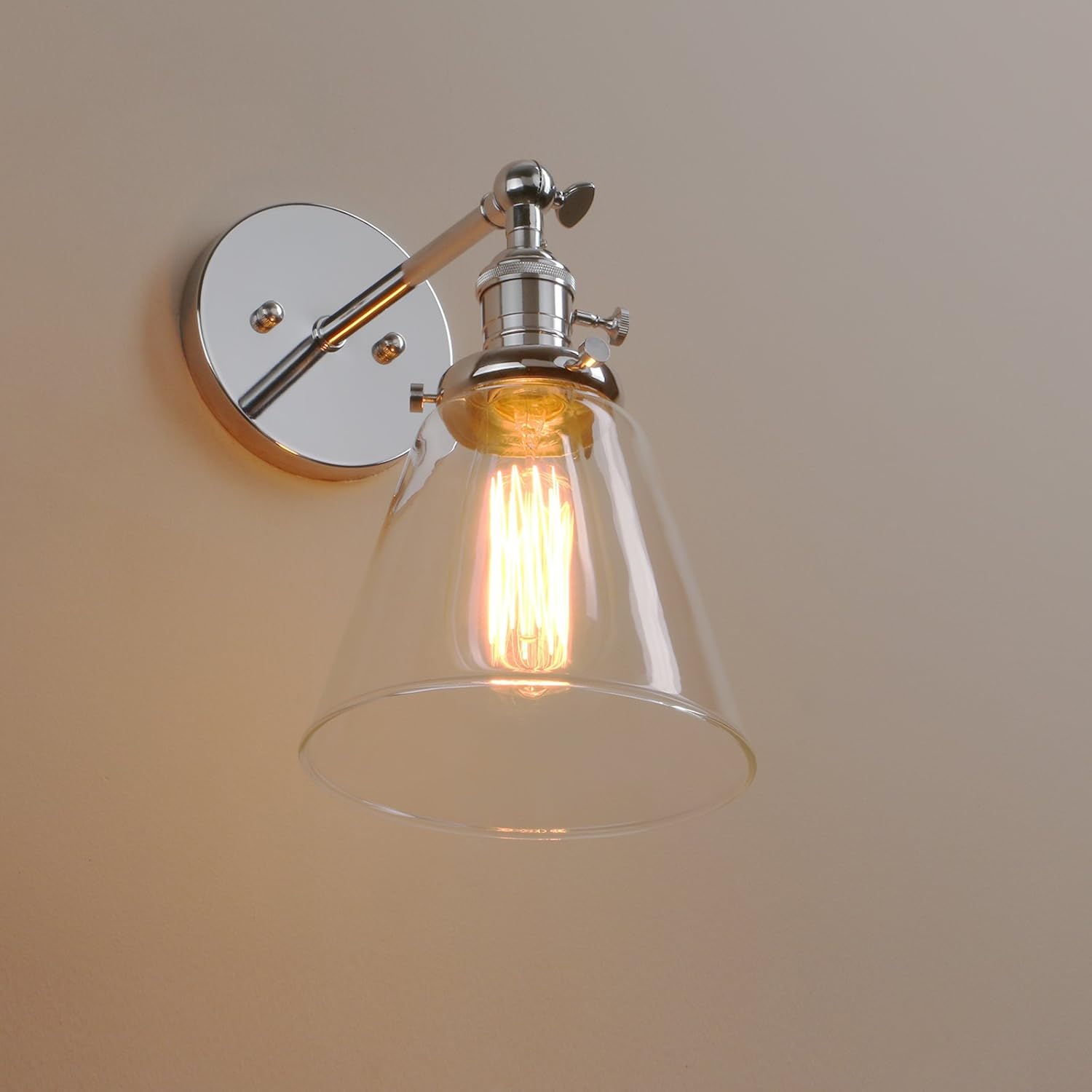PERMO Industrial Wall Sconce Lighting with On/Off Switch Funnel Flared Clear Glass Hand Blown Shade (Chrome)