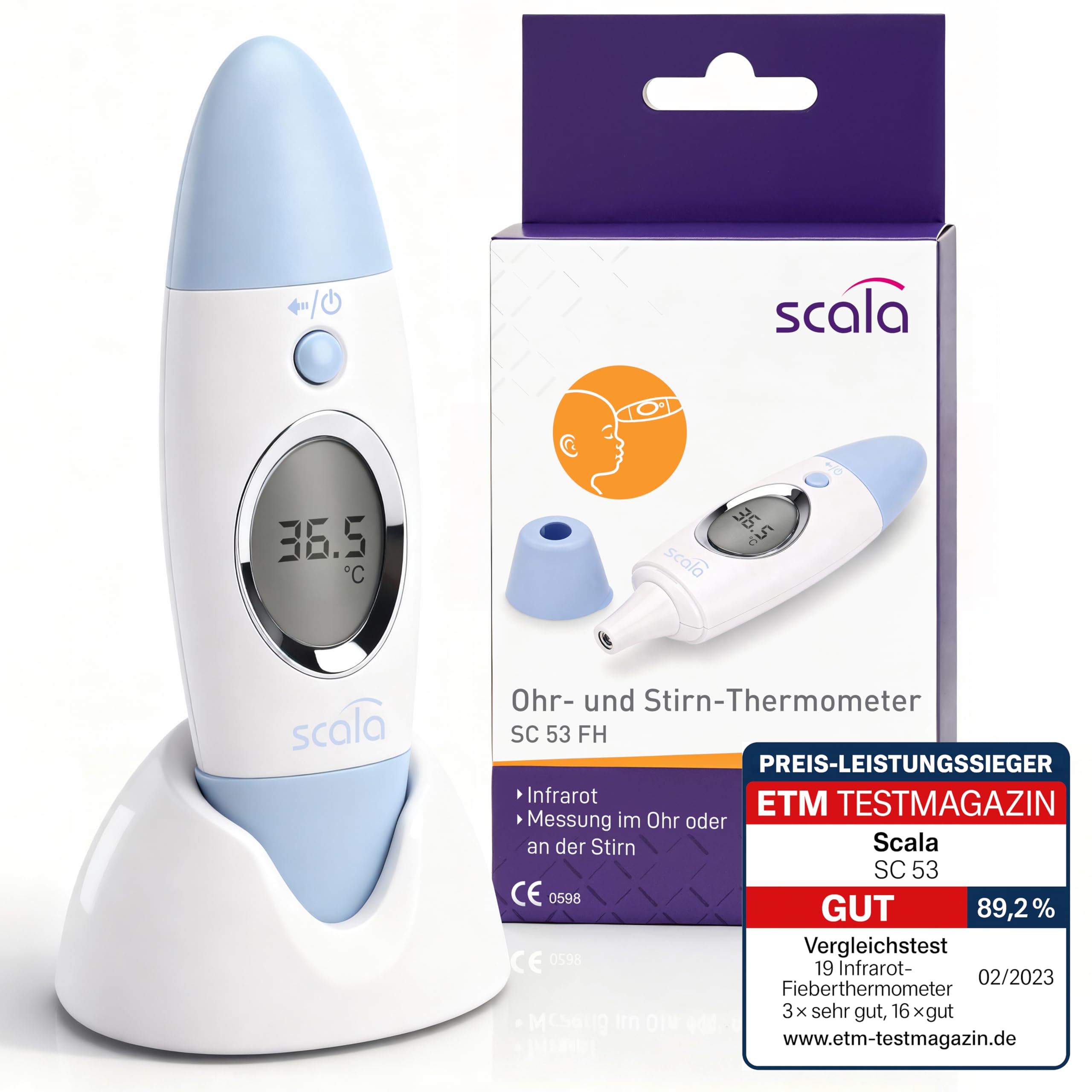 Scala SC 53 Thermomètre numérique infrarouge fièvre frontal, tempes et oreilles