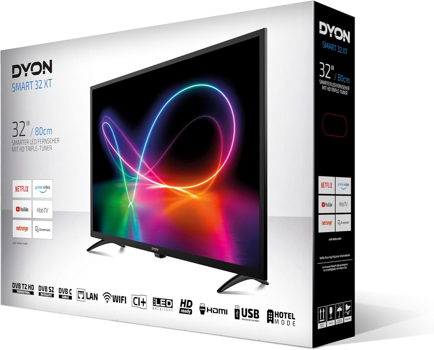 Front view of the DYON Smart 32 XT TV packaging