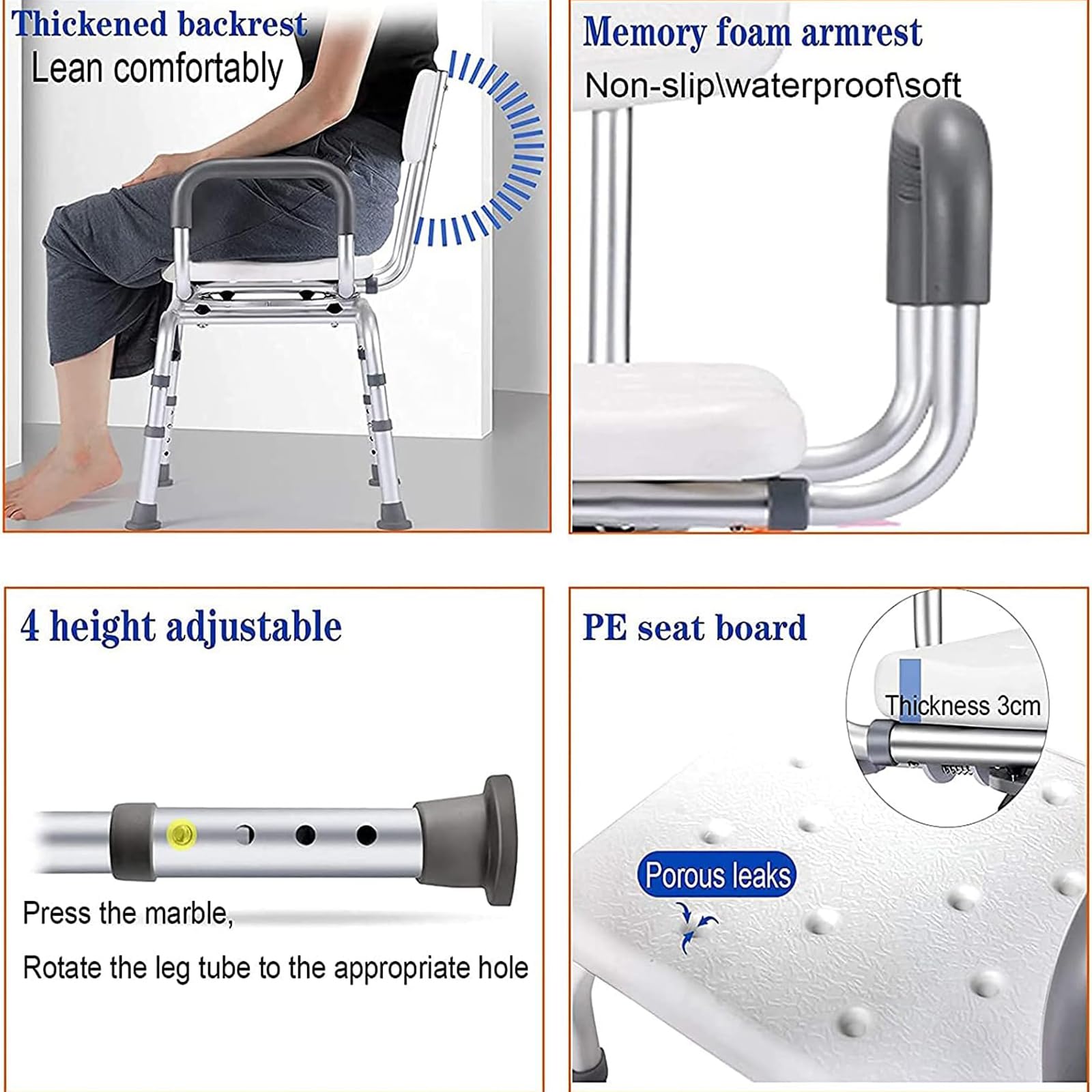 Silla de Ducha Giratoria 360 ° con Respaldo y Apoyabrazos, Asiento de Ducha Taburete de Baño Altura Ajustable Silla de Baño para Embarazadas Ancianos Discapacitados, Capacidad de 400LBS