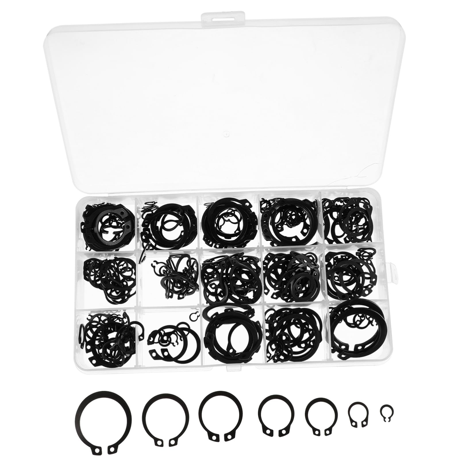 FUNOMOCYA 320Pcs External Retaining Clip Assortment Set Smooth Snap Rings for Securing Bearings Gears and Pulleys Various Applications Organized Transparent Storage Case
