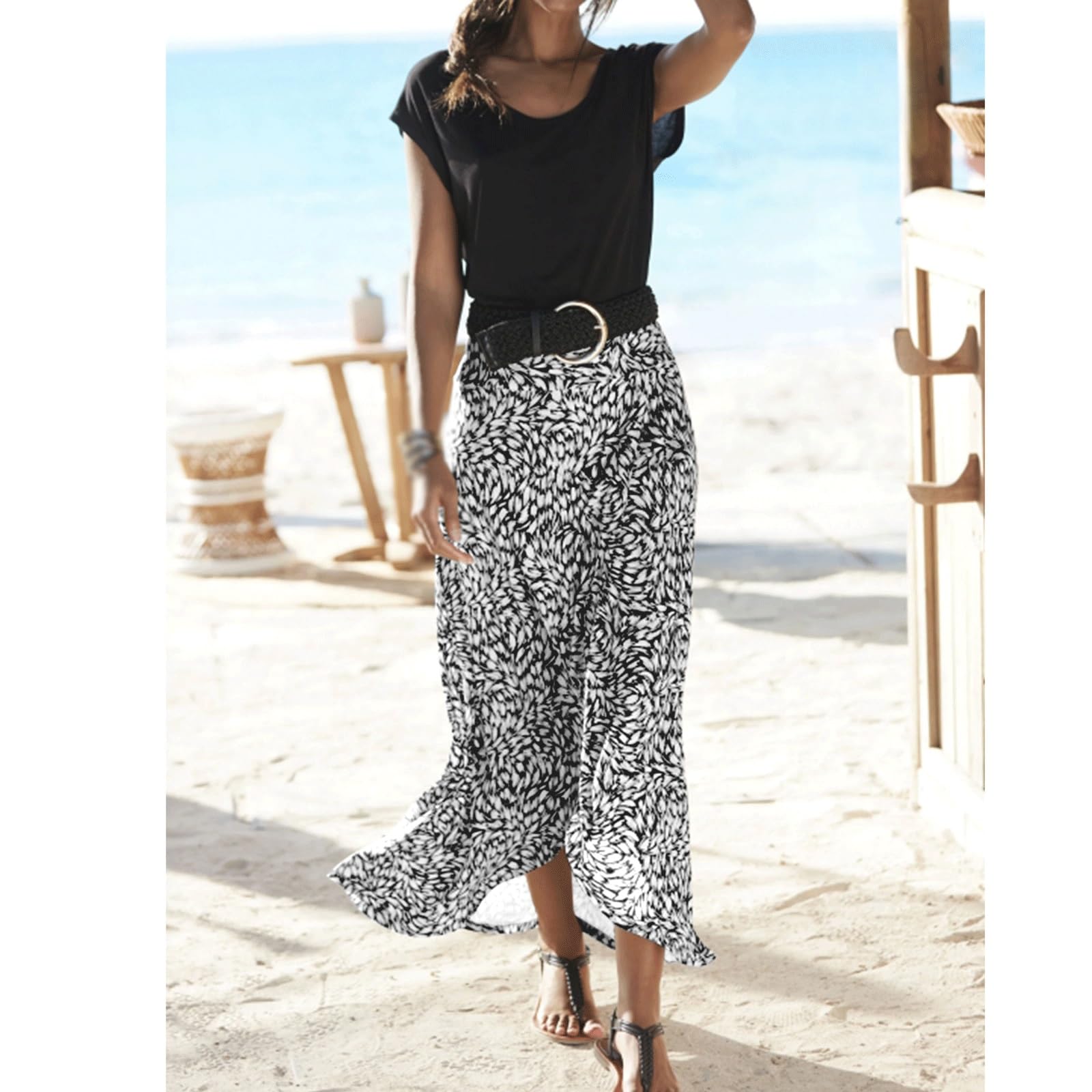 DUddTTW Fishtail Women's Midi Skirt Floral Elastic Waisted Swing Skirt Ankle Length Skirts Midi Length Flowy Skirt Maxi Skirts Vacation(Nero,Lagre)