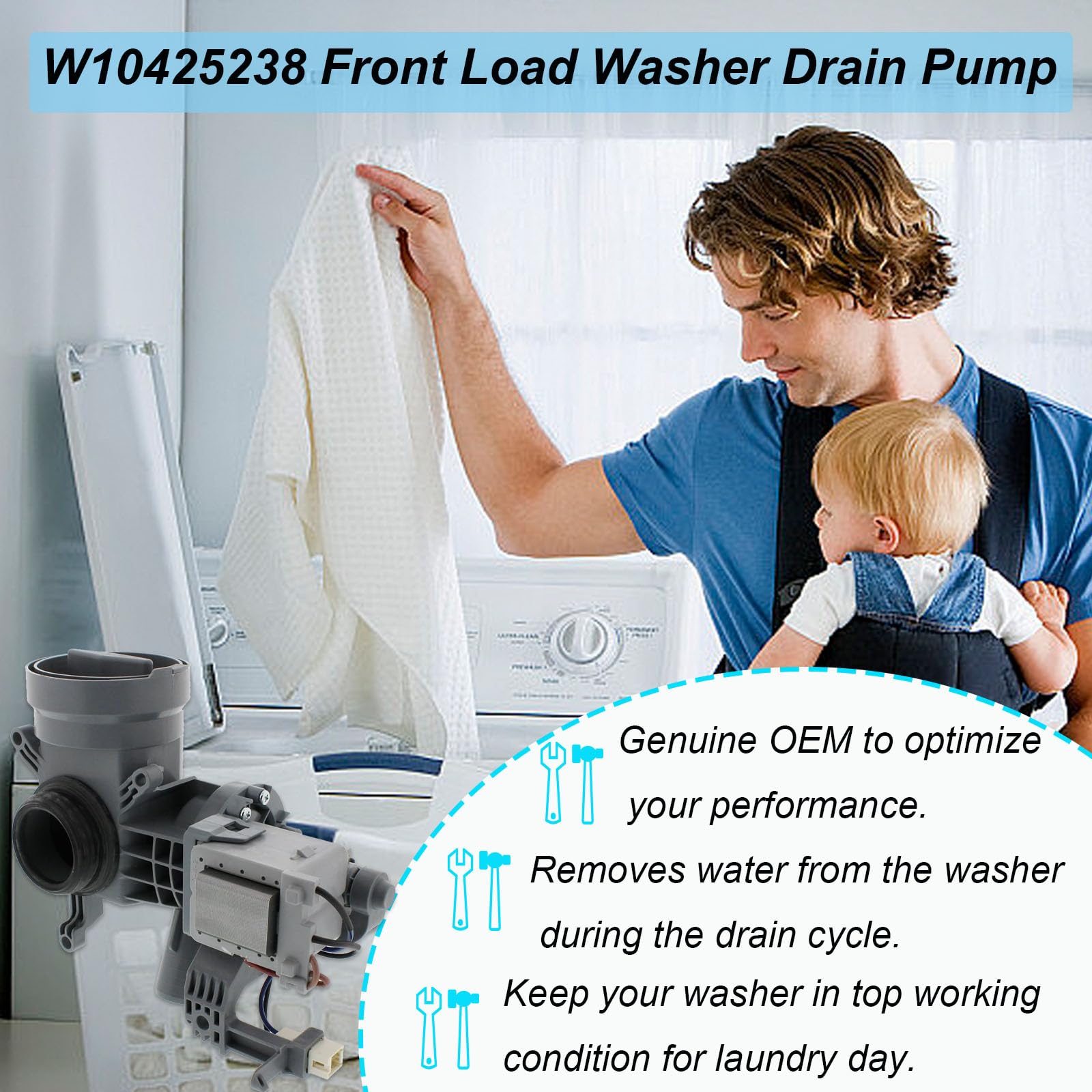 W10425238, WPW10605427 Washer Drain Pump Compatible with Whirlpool, Maytag, Amana Washing Machine, OEM Pump W10605427 Replaces AP6023357, PS11756700, W10799065 Front Load Washer Drain Pump Motor