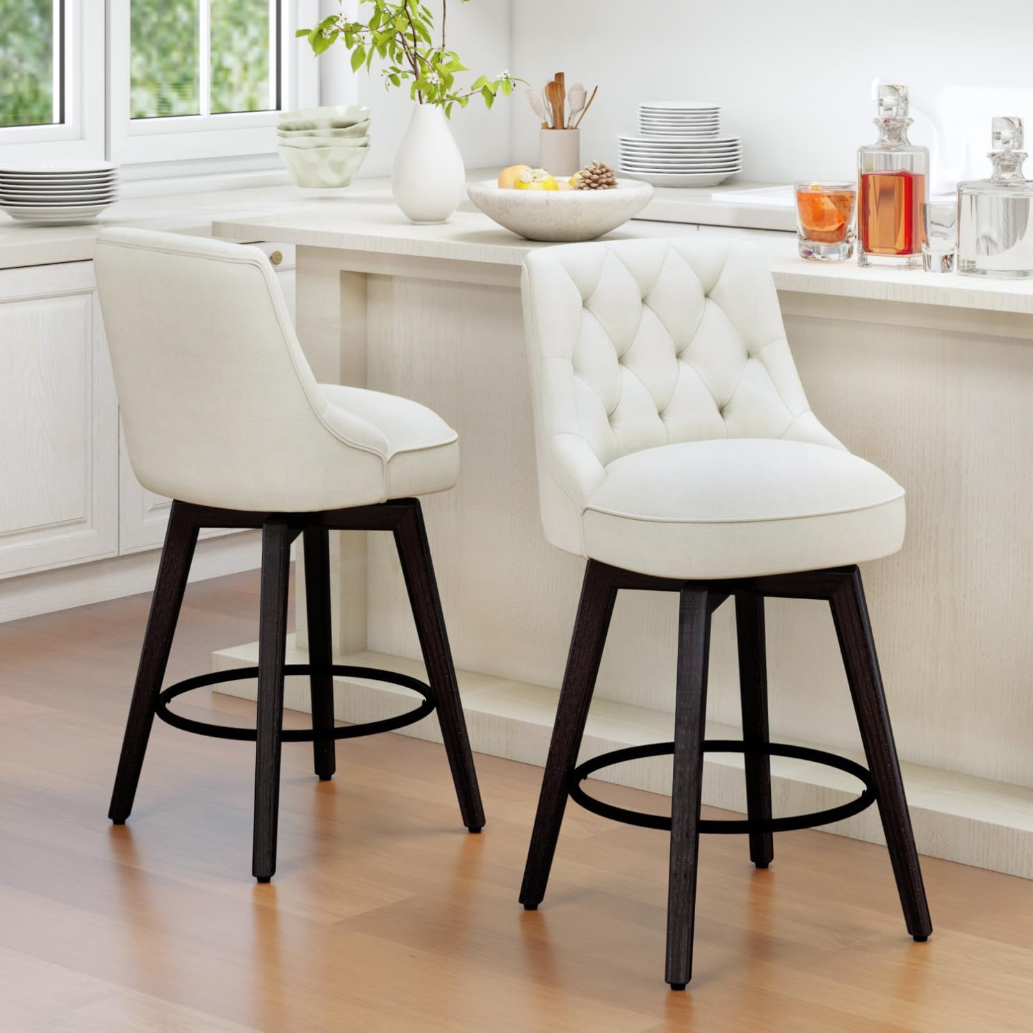 Counter Height Bar Stools Set of 2, Updated Thickened Upholstered Fabric 360° Swivel Barstools with Backs, Solid Wood Legs, 26" Modern Bar Height Stools for Kitchen Island, Dining Room, White Seat