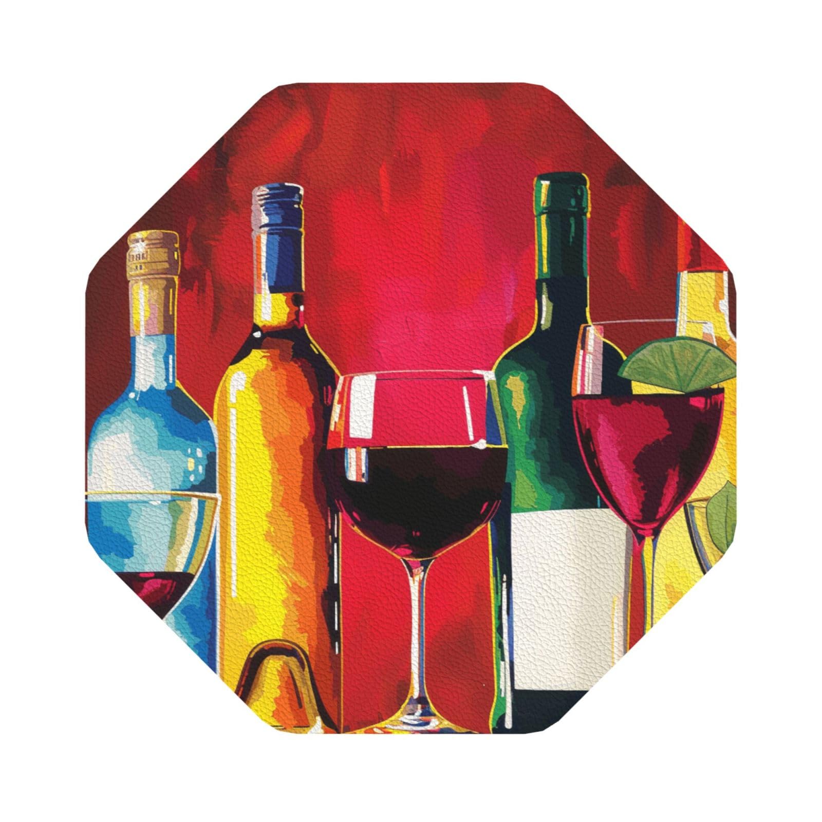 Cocktail Glasses and Wine Bottles Print Leather Coaster Set of 6, Octagon Coasters Table Decorative Coffee Cup Beverage Coasters Wine Beer Bar Coasters for Hot Drinks Table Protection