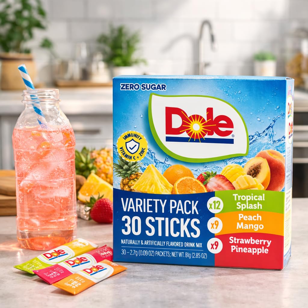 Dole Sugar-Free Powder Drink Mix Tropical Variety Pack, 60 On-the-Go Packets (Orange Pineapple, Peach Mango & Strawberry Pineapple) with Galley Grove Sugar-Free Breath Mints