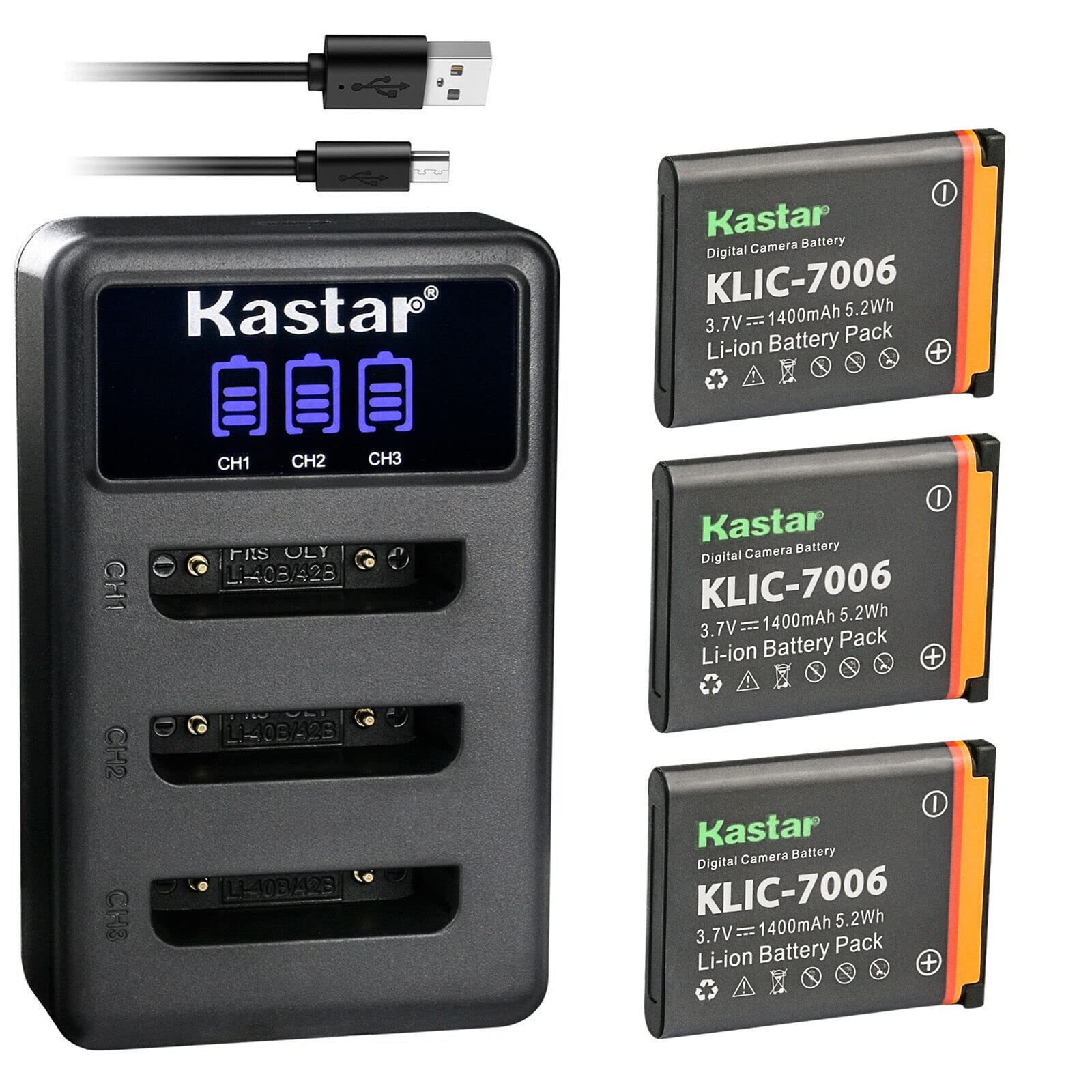 Kastar 3 Pack Battery and LCD Triple USB Charger Compatible with Kodak LB-012 Battery and Charger, Kodak PixPro FZ51 (KDK-FZ-51BL), PixPro FZ52,
