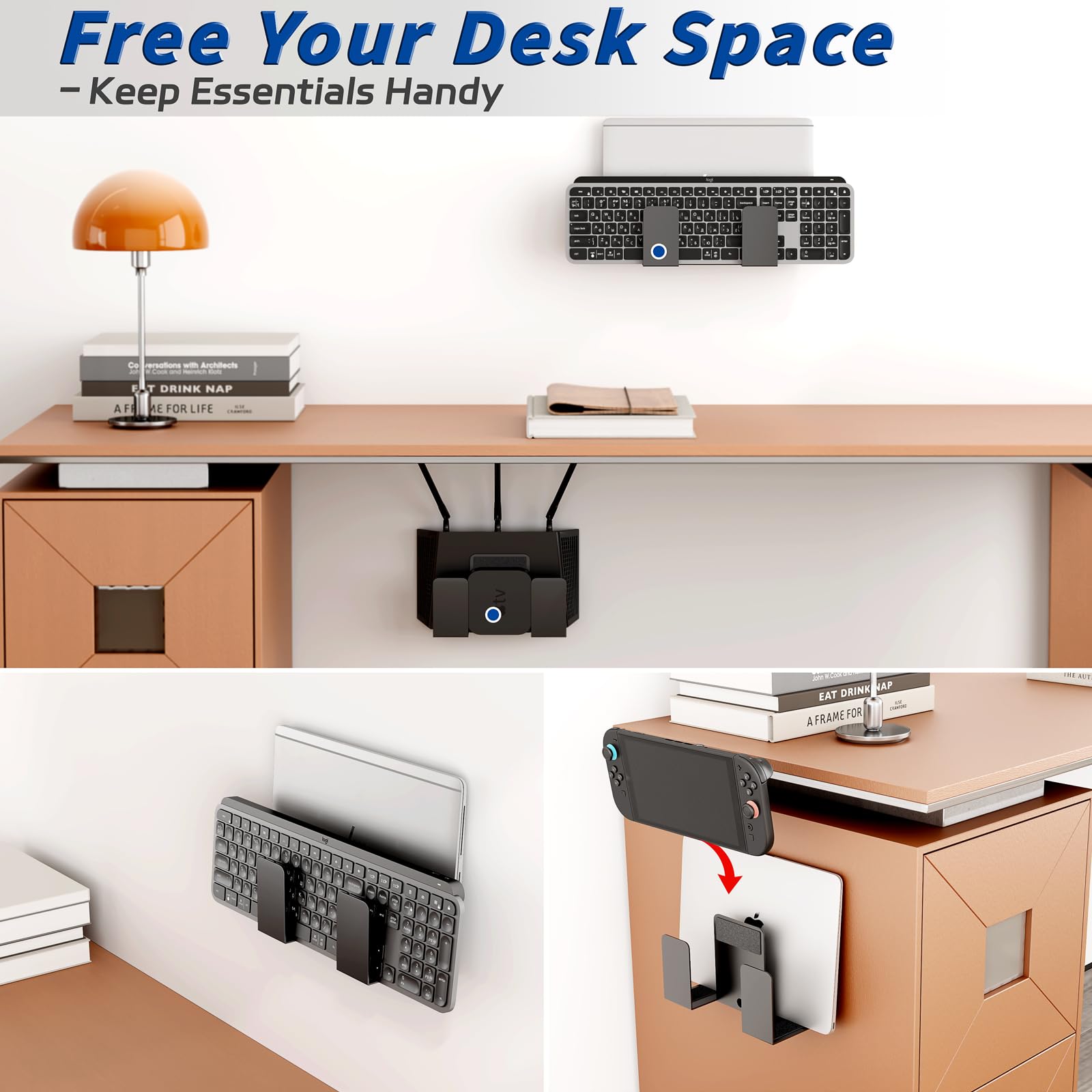 sciuU Supporto da Parete per Laptop Tablet Tastiera - Design a 2 Strati – Scaffale da Muro in Metallo Universale per 2 Dispositivi con Spessore < 4 cm, Staffa Versatile per TV box, Router, E-Reader