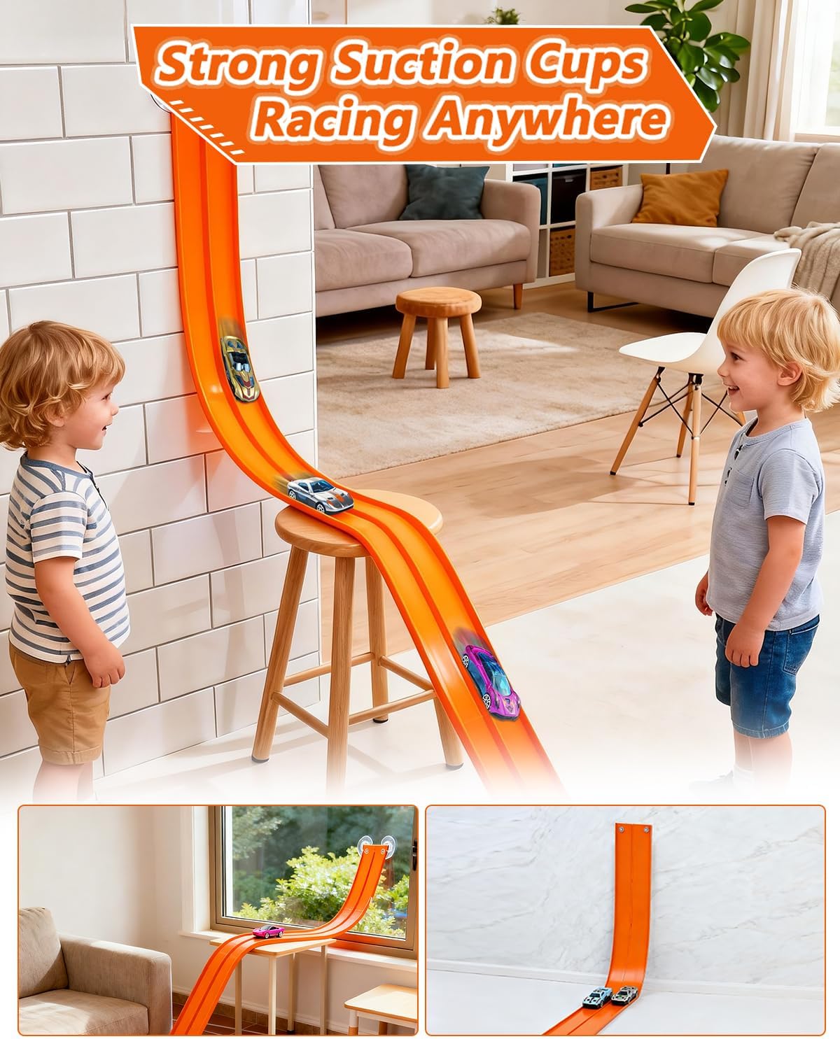Flexible Race Track for Kids – 15 Ft Roll-Up Car Track with Suction Cups, Fits 1:64 Diecast Cars, Portable Bendable Track Toys for Boys Girls Ages 3+, Orange