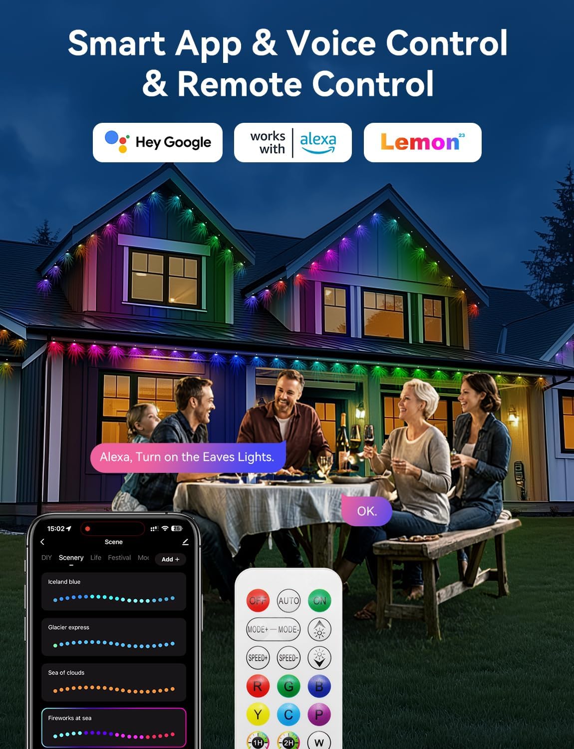 Family enjoying outdoor lights controlled by a smartphone app and voice commands via Alexa.
