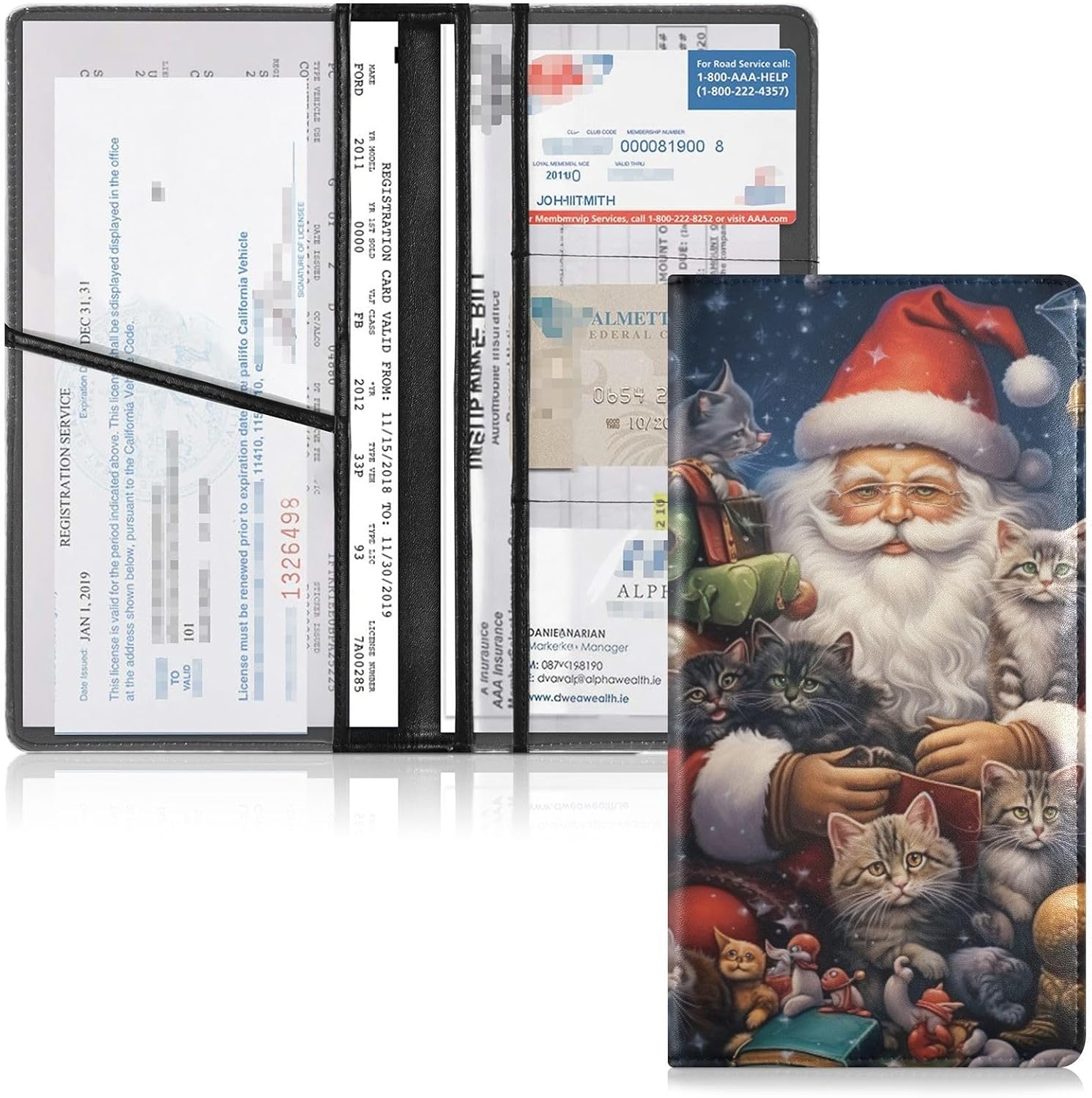 Christmas Santa Claus Cat Car Registration and Insurance Holder Vehicle Glove Box Organizer Car Accessories Wallet Case for Women Men 202a0222