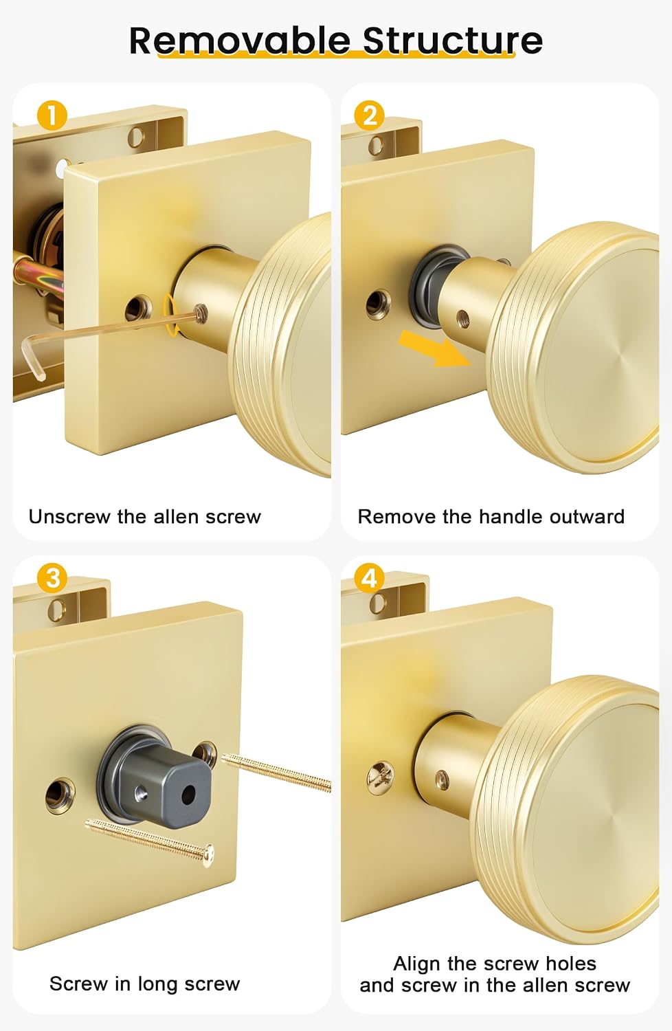 Goldenwarm Passage Door Knob Gold, Zinc-Alloy Modern Brushed Gold Closet Door Knob Interior for Hallways, Heavy Duty Square Gold Modern Doorknob - 6 Pack