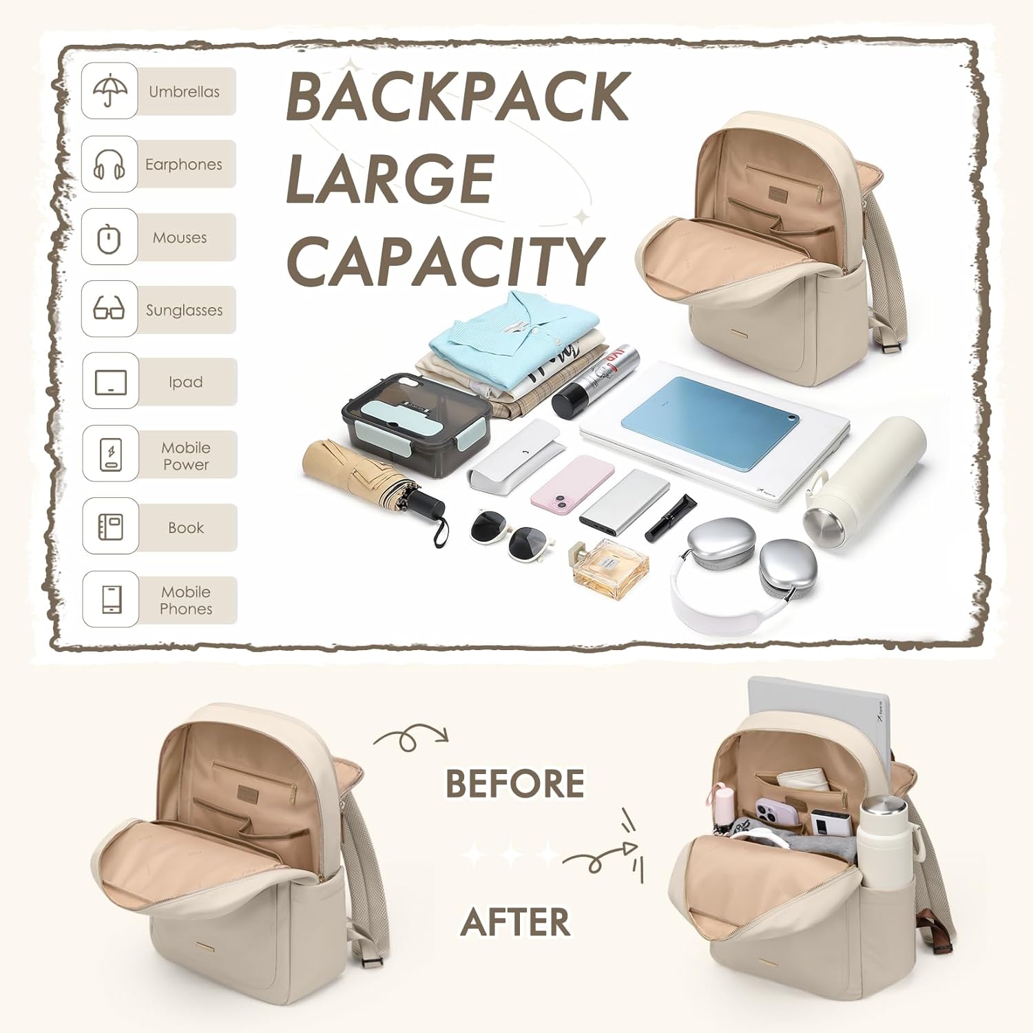 Laptop Backpack for Women,Casual Work Business Backpacks Purse Carry on Travel Backpack,15.6 Inch,Apricot - Image 3