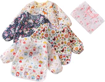 5pcs Set Long Sleeve Waterproof Bib Full Coverage Apron Bib Smock Toddler Bibs with Pocket 6-30 Months