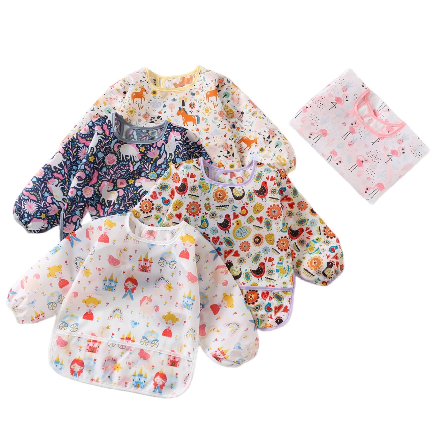 5pcs Set Long Sleeve Waterproof Bib Full Coverage Apron Bib Smock Toddler Bibs with Pocket 6-30 Months