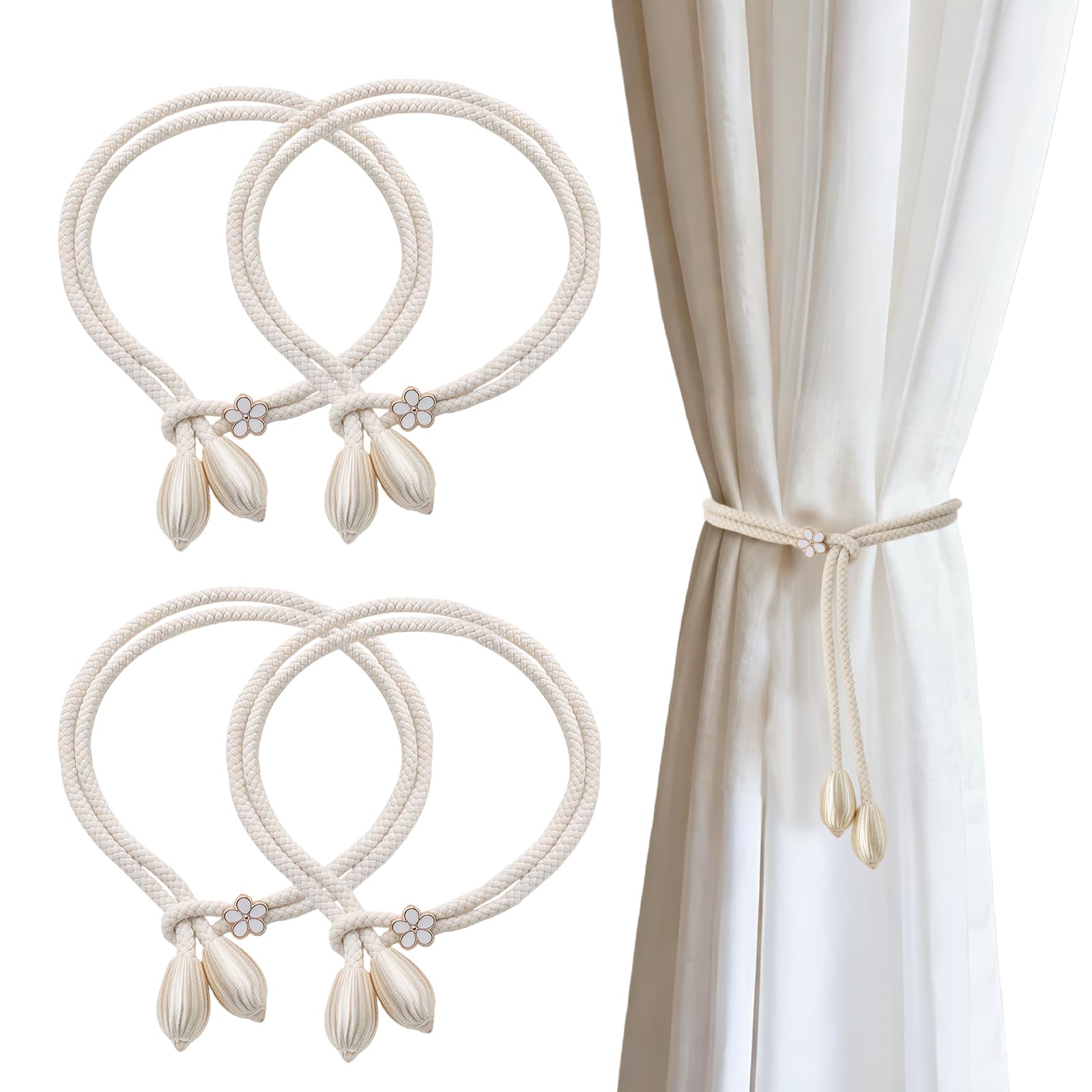 Curtain Tie Backs, 4Pcs Elegant Boho Style Tie Backs For Curtains Hand-Knitted Curtain Tiebacks Adjustable Curtain Holdbacks for Home Office Living Room Bedroom Window Drapery (Beige)