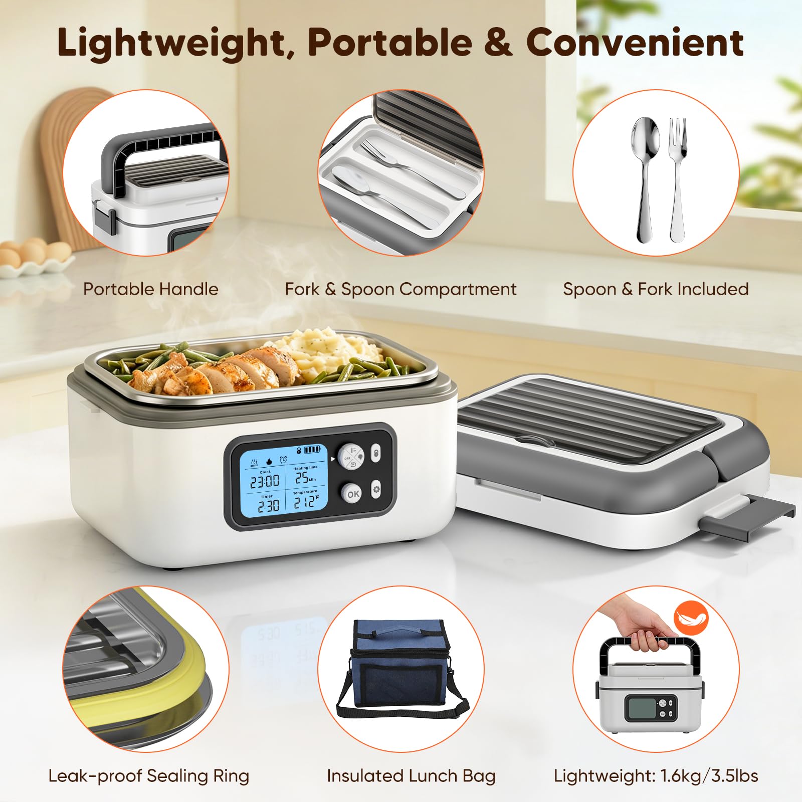 Lunch Box Riscaldato, Lunch Box Riscaldato Intelligente da 1.5L con Touchscreen, Scaldavivande Elettrico Wireless con Piatti in Acciaio Inox e Borsa Termica, Ideale per l'Ufficio/Viaggi/Campeggio