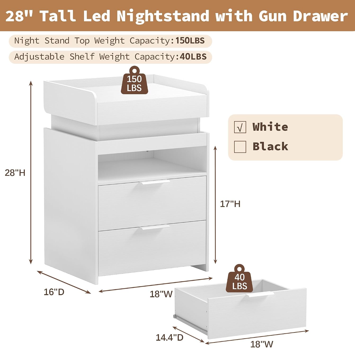 Baoz Modern Nightstand with Charging Station & LED Lights for Bedroom,White image 2