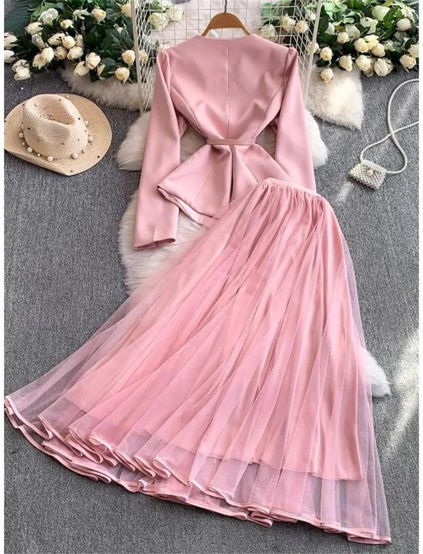 Women's Metal Floral Buckle Single Breasted Top High Waist Cinching Long Skirt Two Piece Fashion Outfits