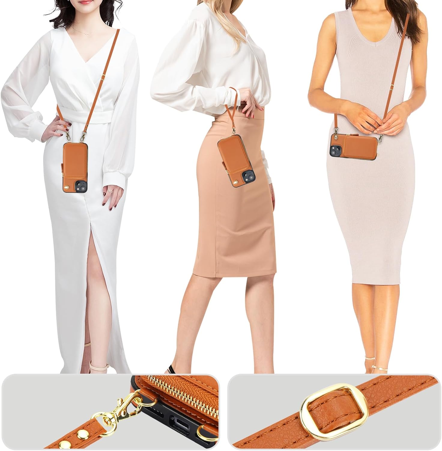 Bocasal for MagSafe Crossbody Wallet Case Compatible with iPhone 15, RFID Blocking Protective Purse Case with Card Slots Holder Kickstand Wrist Strap Lanyard Zipper 6.1 Inch 5G (Brown)