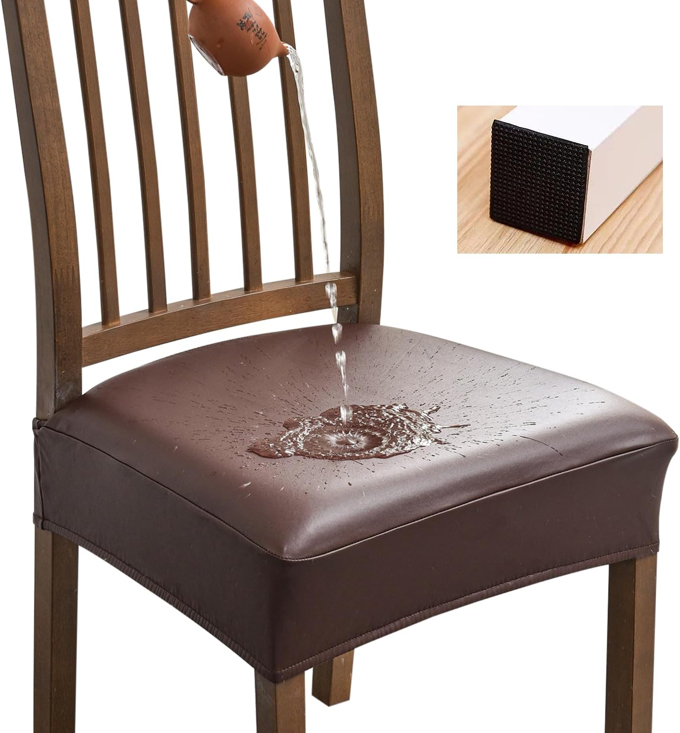 Coffee Brown Stretchable PU Leather Seat Covers - 6 Pcs Waterproof Slipcovers with Free DIY Cushioning Sponge Pads for Noise Reduction