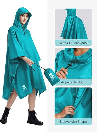 SaphiRose Hooded Rain Poncho Waterproof Raincoat Jacket for Men Women Adults