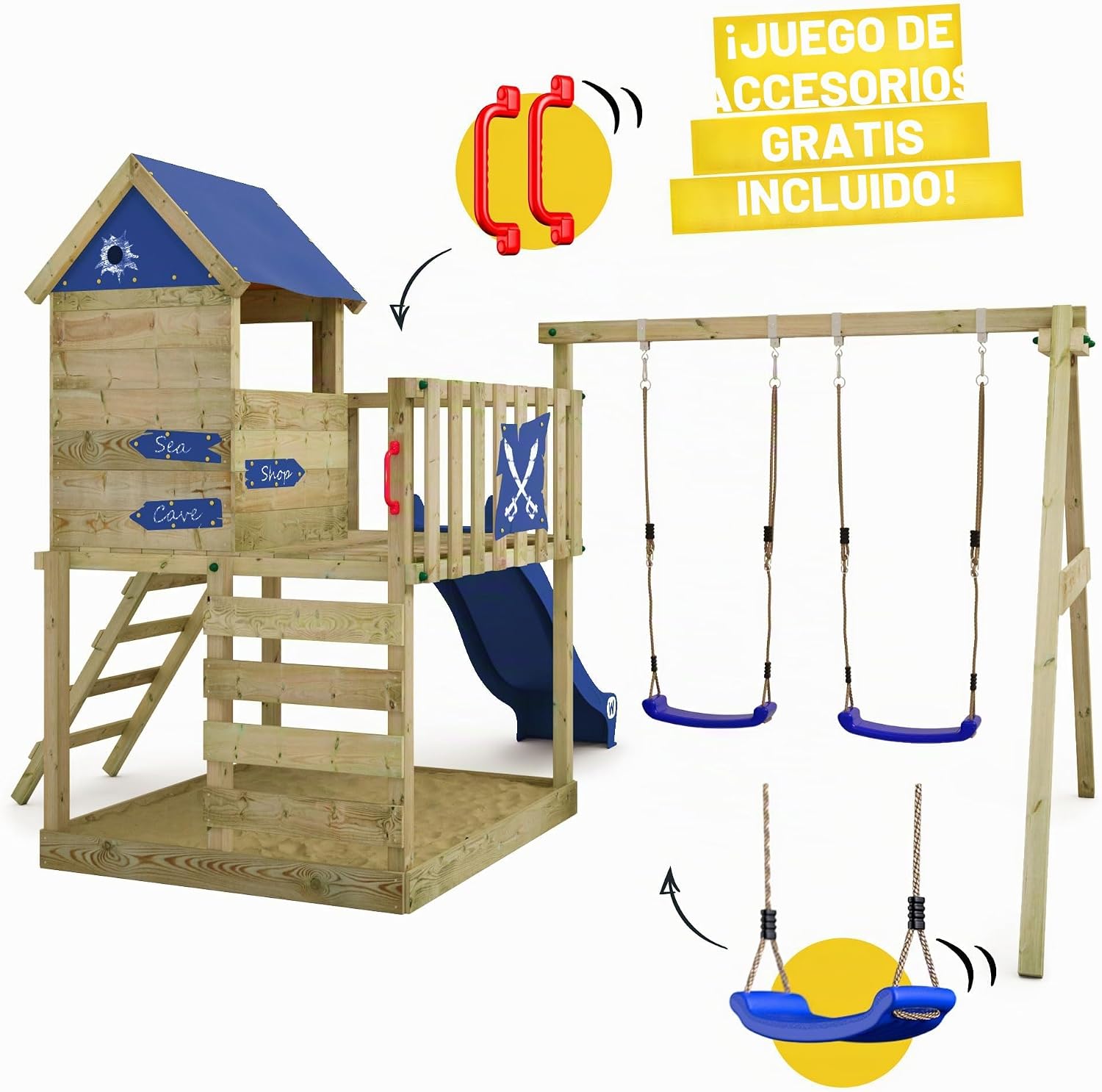 WICKEY Smart Cave Playground with blue slide and two swings