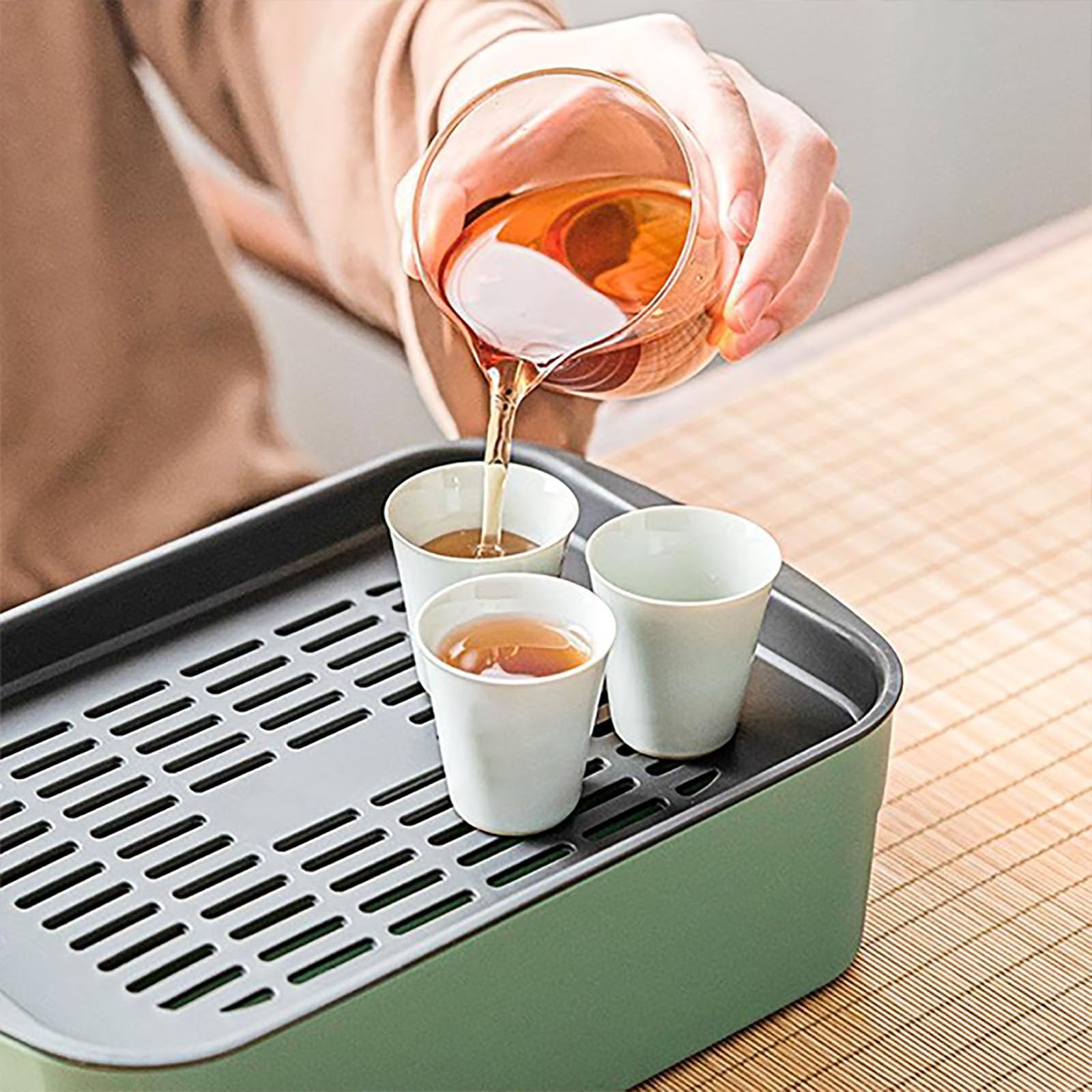 Tragbare Abtropfschale mit Ablaufgitter-Design, Kunststoff-Wasserschale für Zuhause, Büro, Reisen, Tee-Set (grau, 23,5 x 15,5 x 6,5 cm), vielseitig, leicht zu reinigen, Anti-Auslauf-Lösung