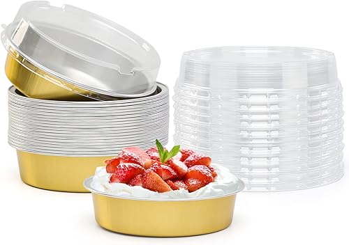 Vista 272 de Beasea Latas desechables para tartas de 4 pulgadas, paquete de 50 mini sartenes con tapas, molde de aluminio dorado de 8 onzas, moldes para tartas