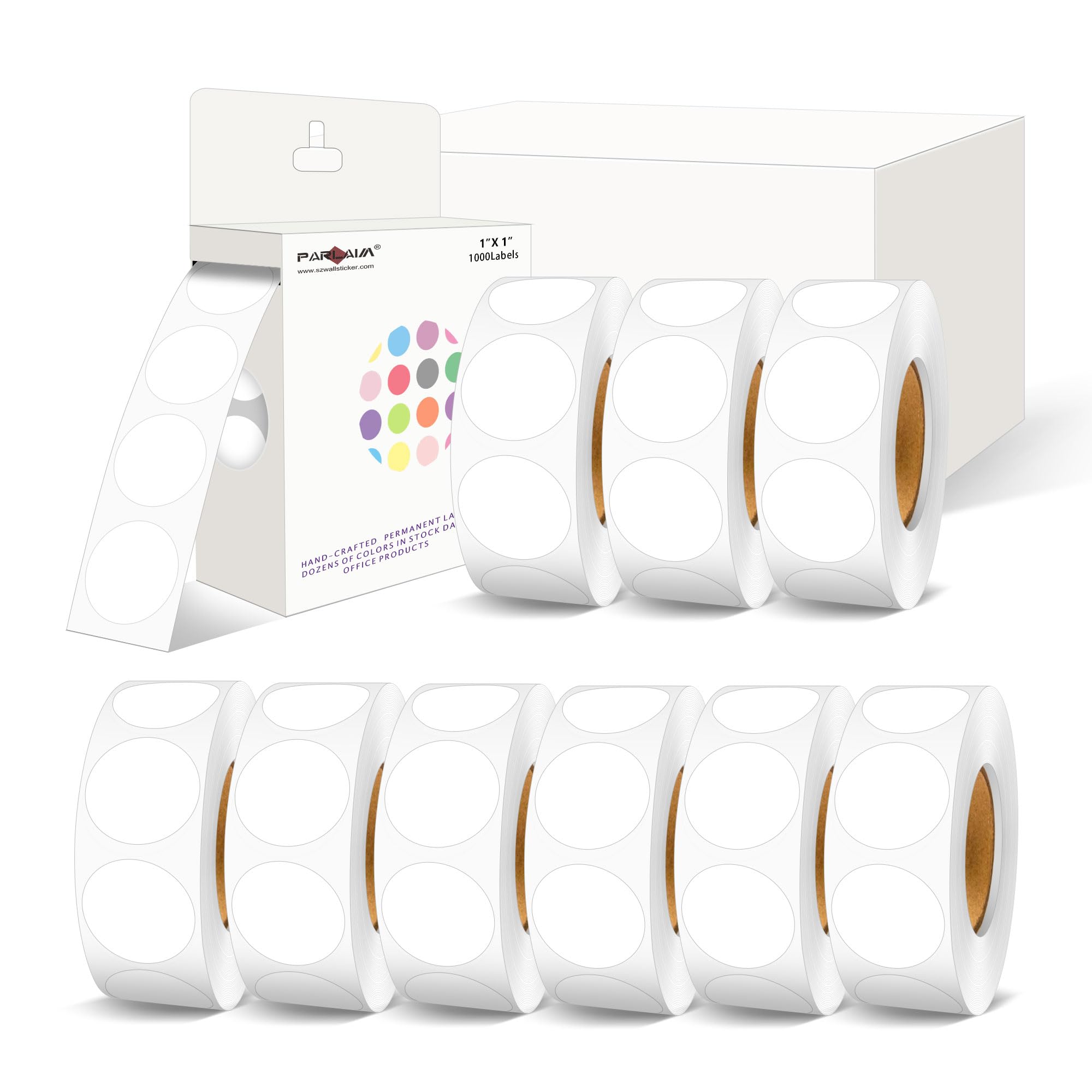 PARLAIM Lot de 10 000 étiquettes autocollantes rondes à pois colorés de 2,5 cm pour bureau, salle de classe, autocollants à pois blancs